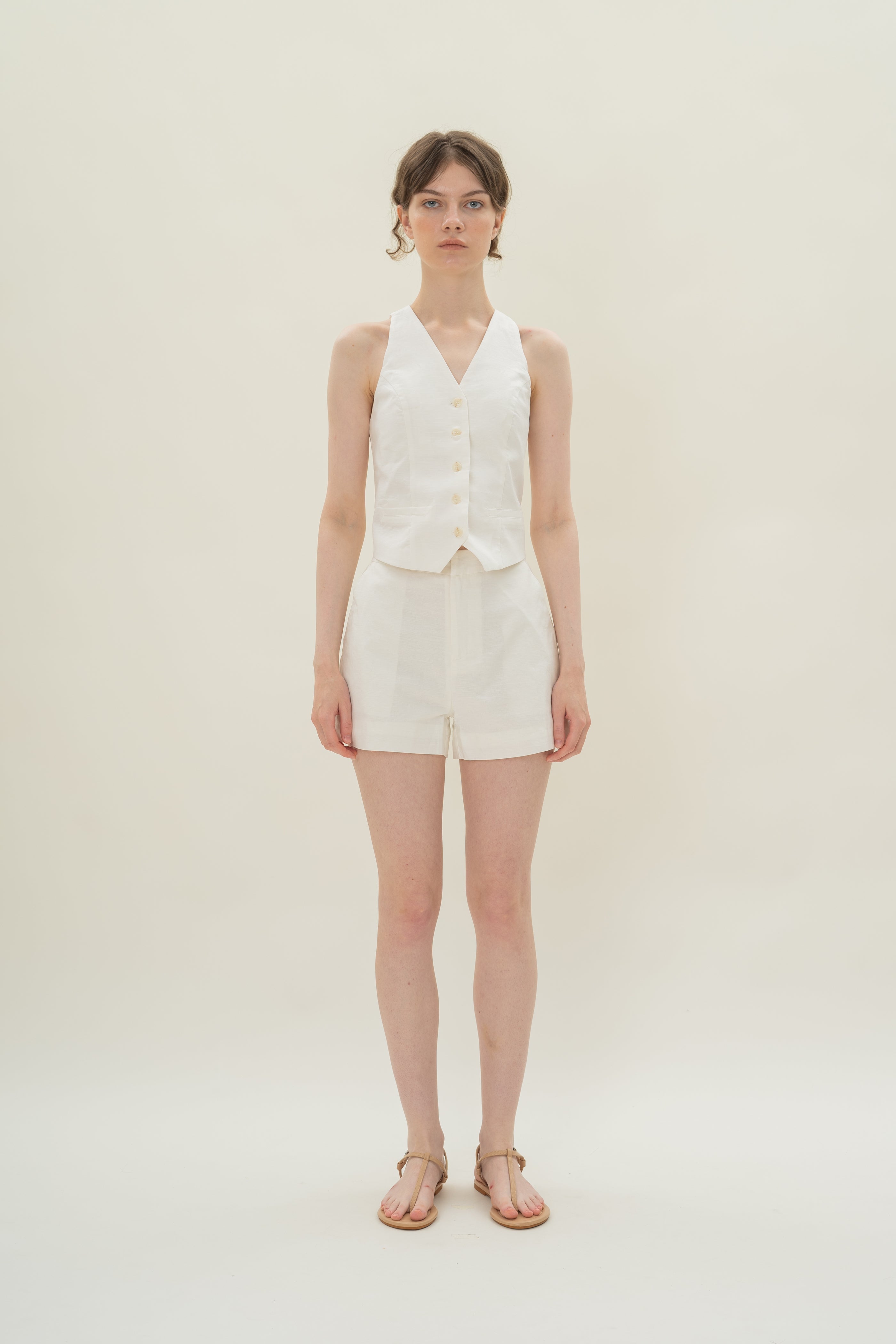 Linen Halter Padded Waistcoat in White