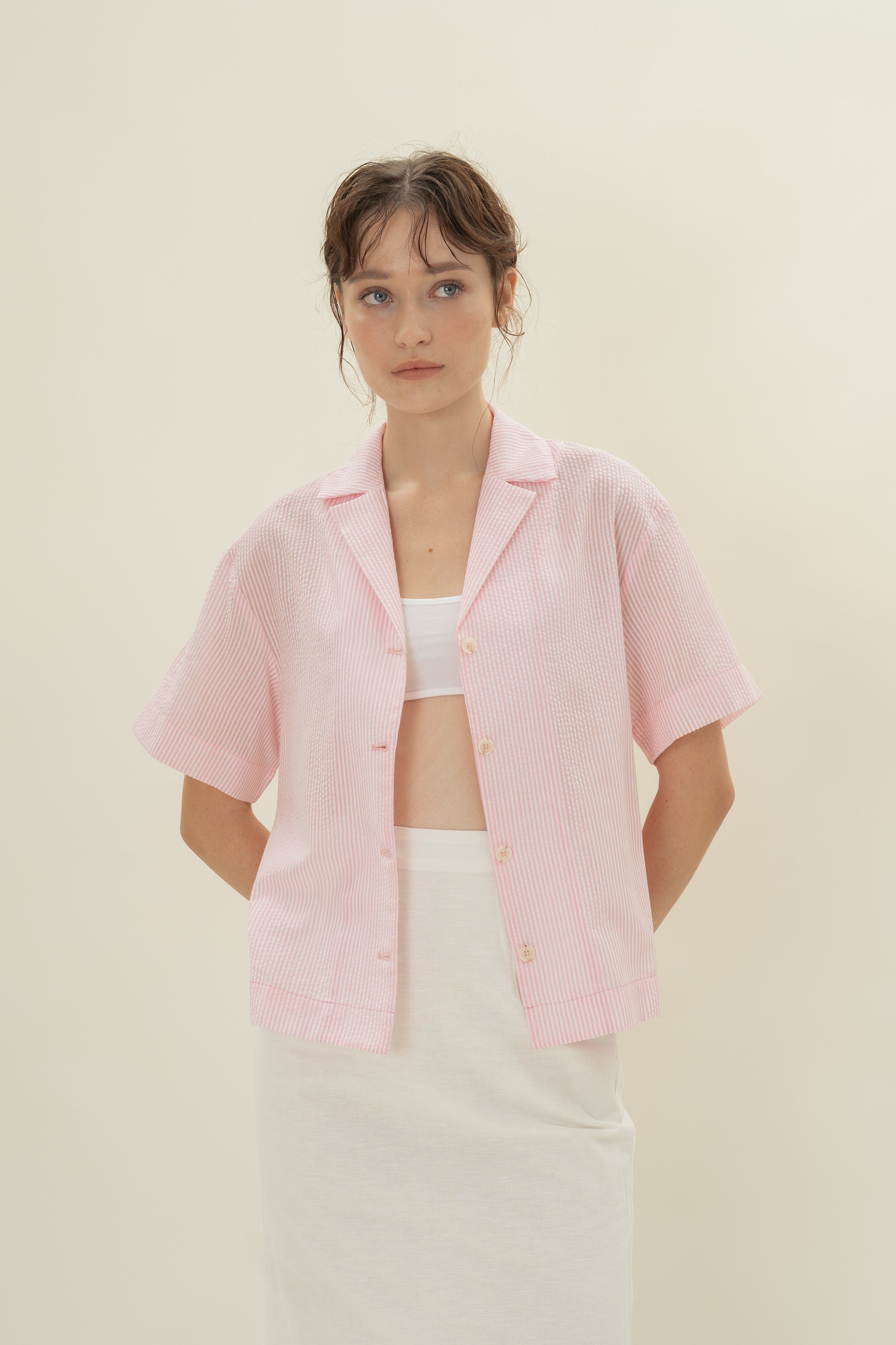 Cruise Short Sleeved Shirt in Seersucker Pink Stripes
