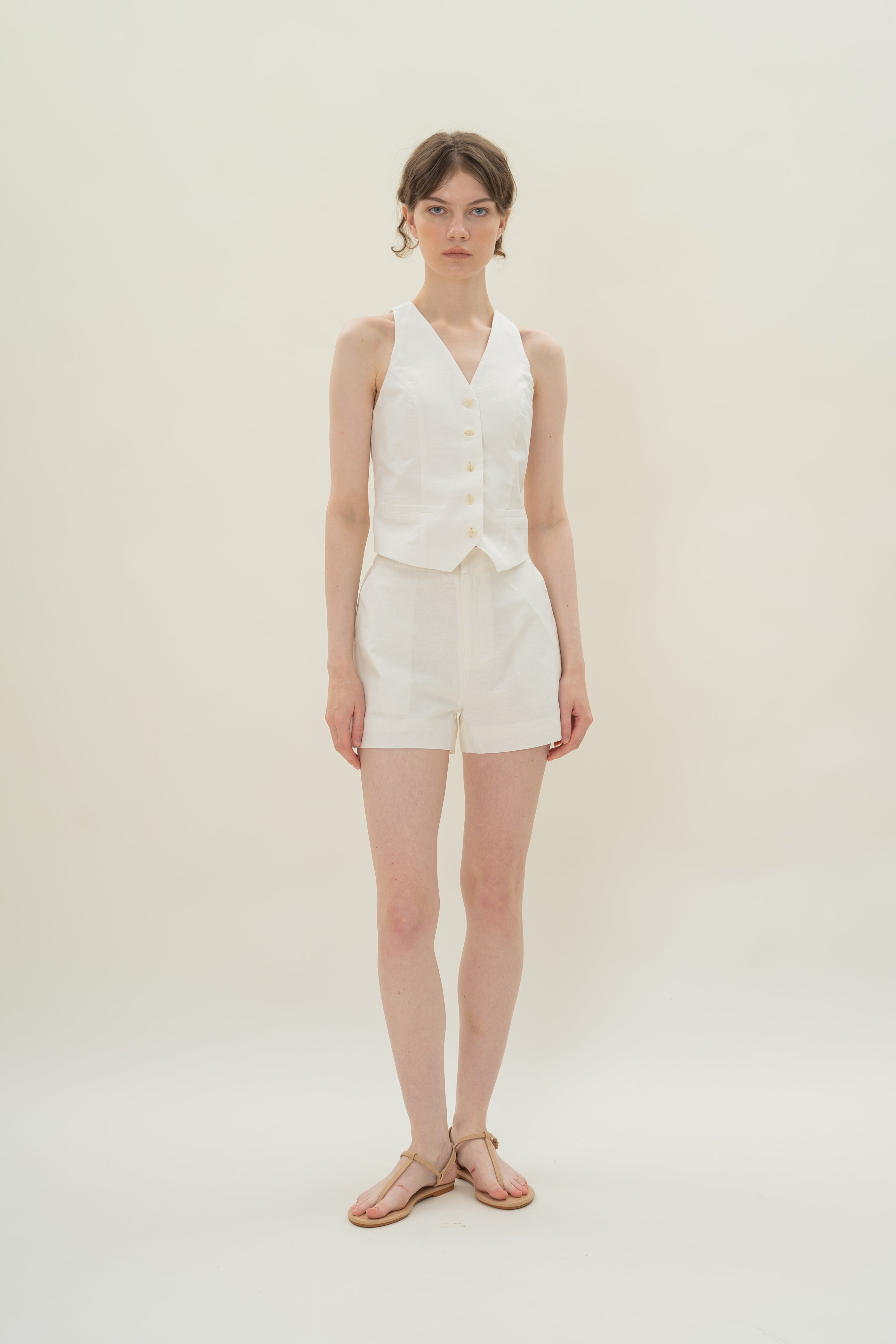 Linen Halter Padded Waistcoat in White