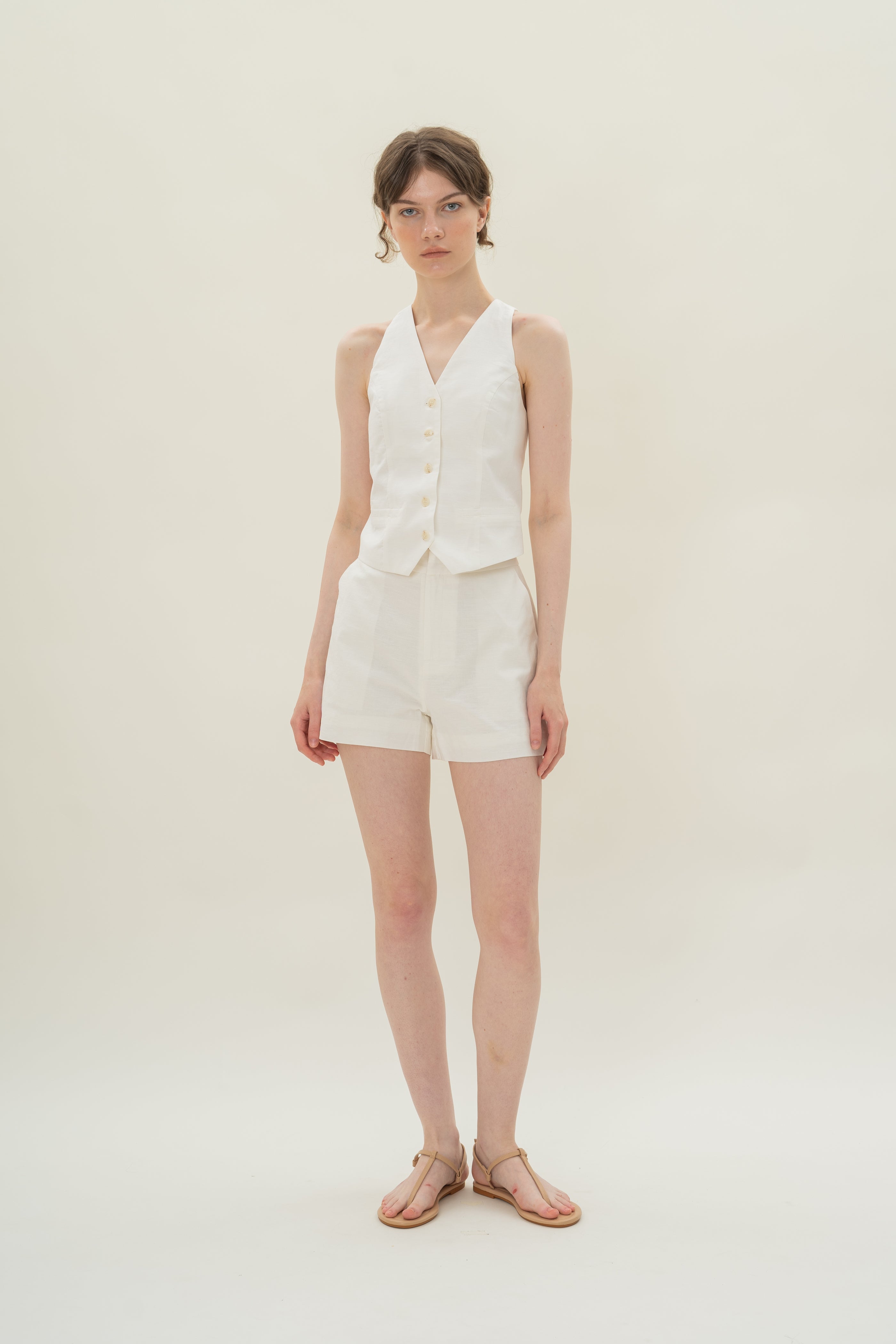 Linen Halter Padded Waistcoat in White