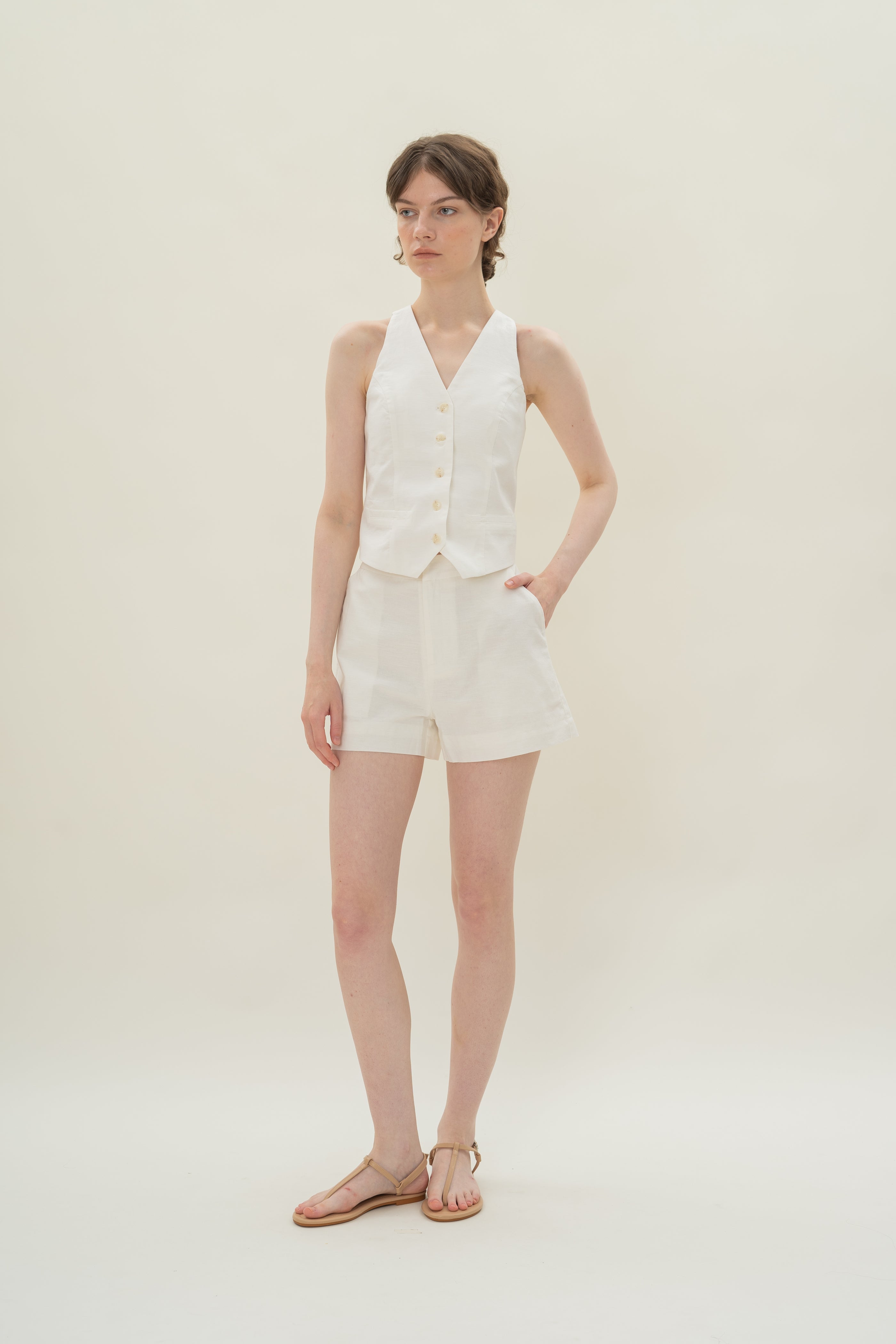 Linen Halter Padded Waistcoat in White