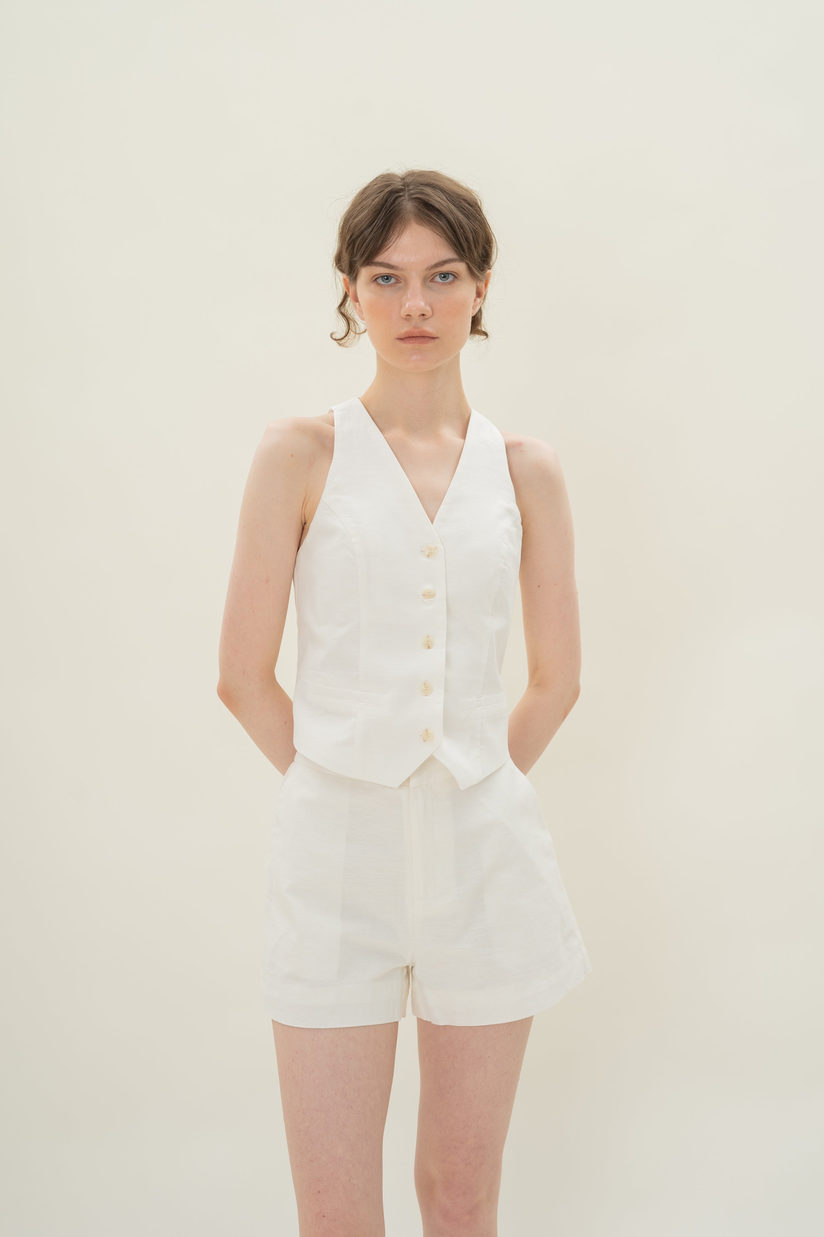 Linen Halter Padded Waistcoat in White