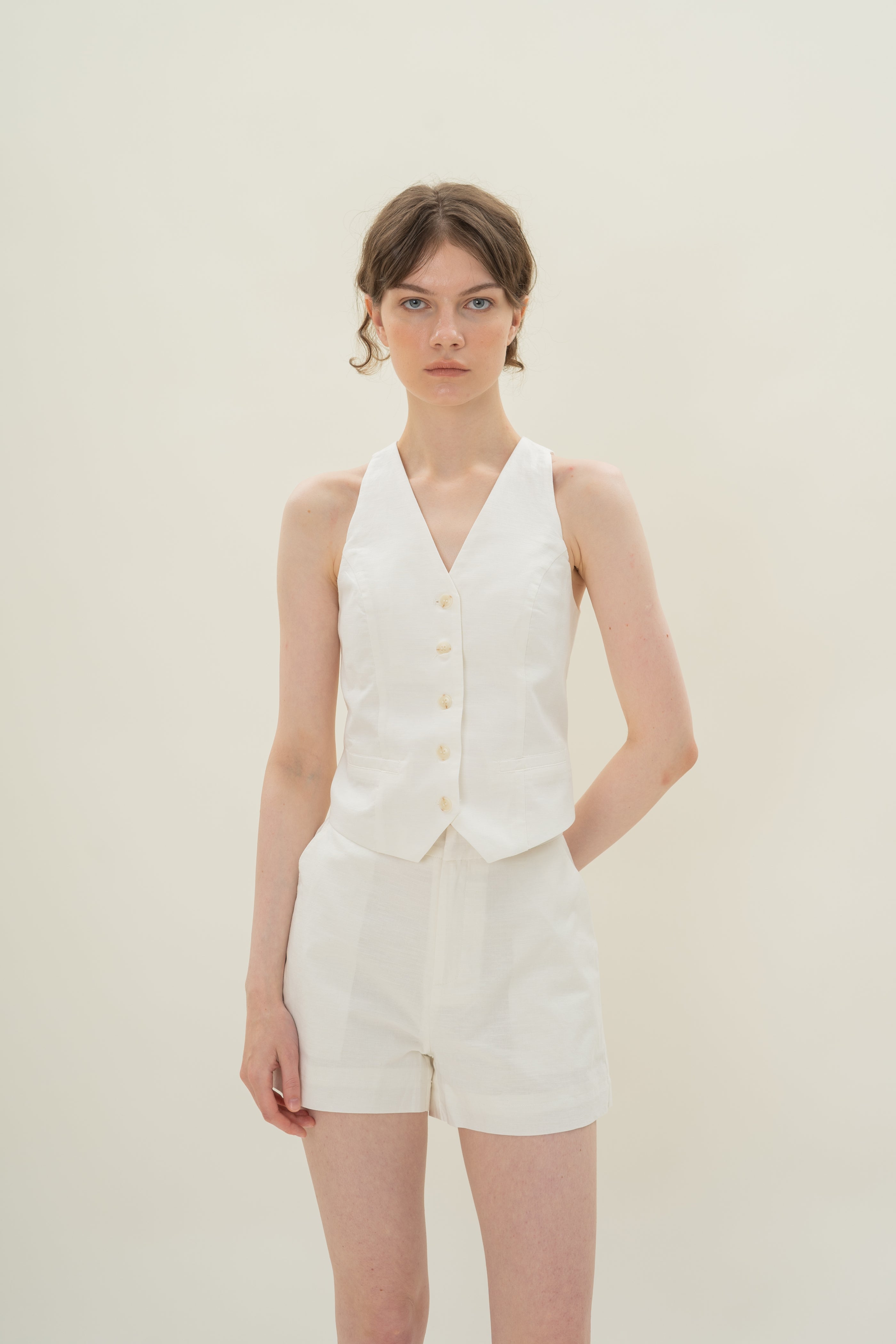 Linen Halter Padded Waistcoat in White