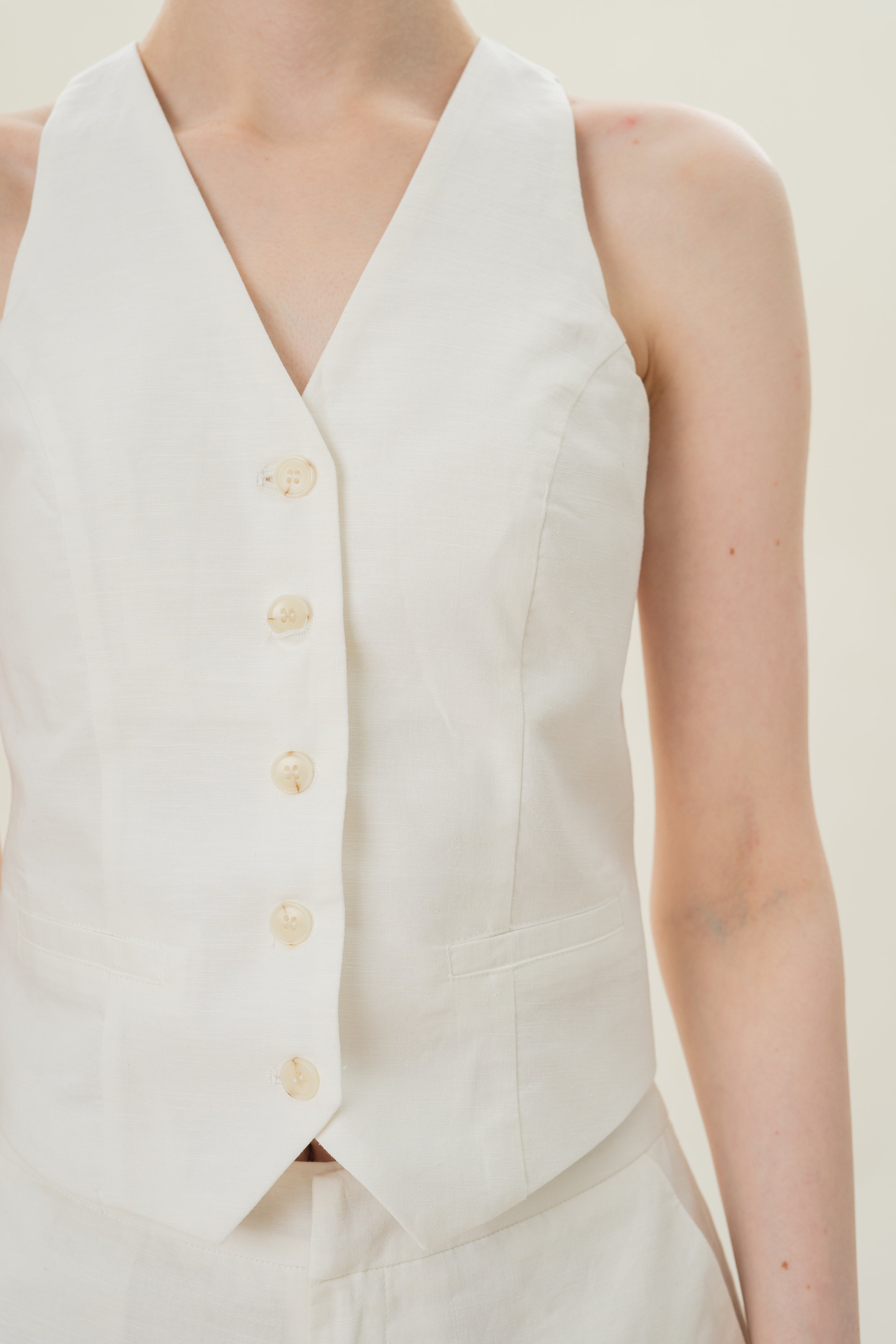 Linen Halter Padded Waistcoat in White