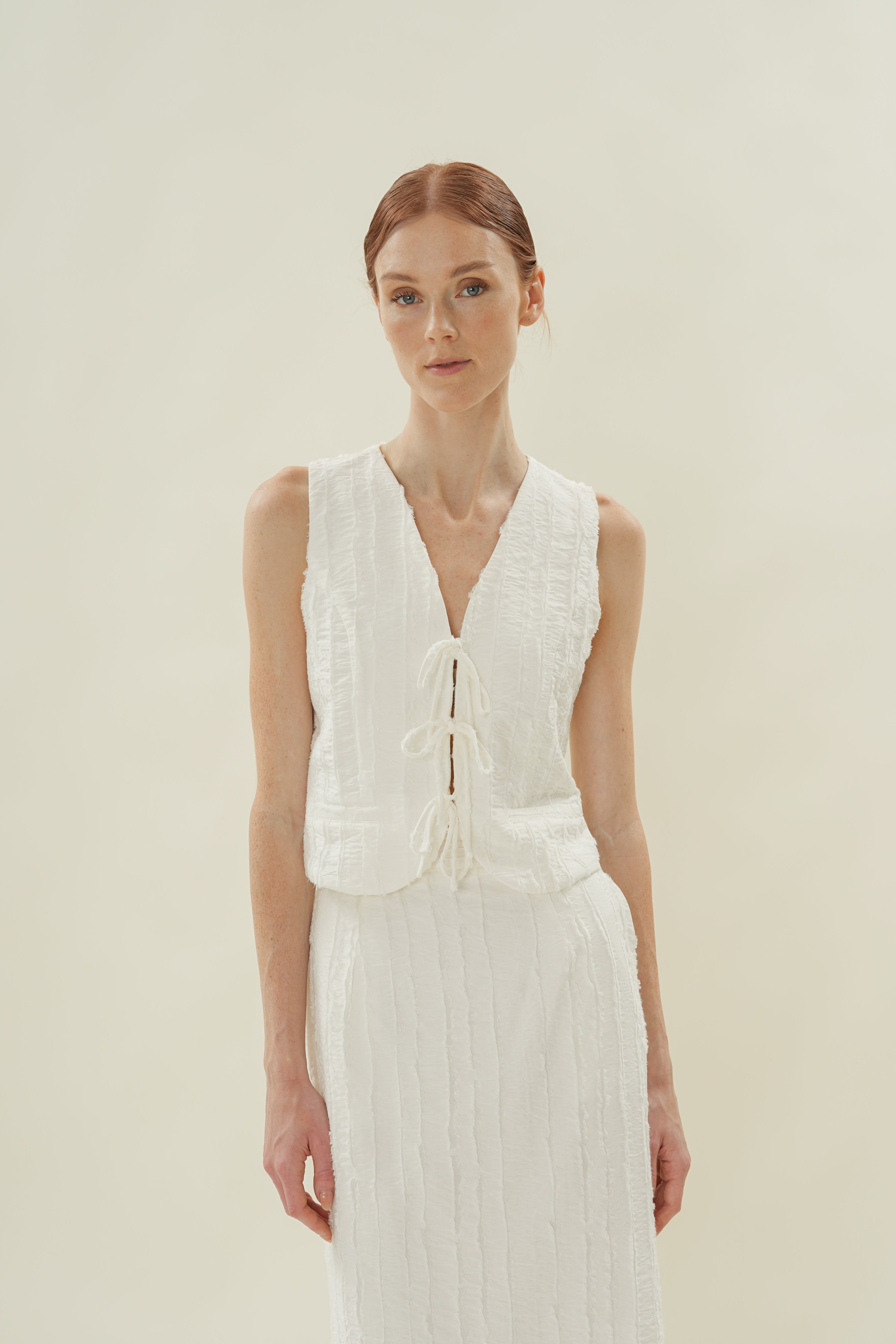 Soft Textured Sleeveless Tie-Detailed Waistcoat in White