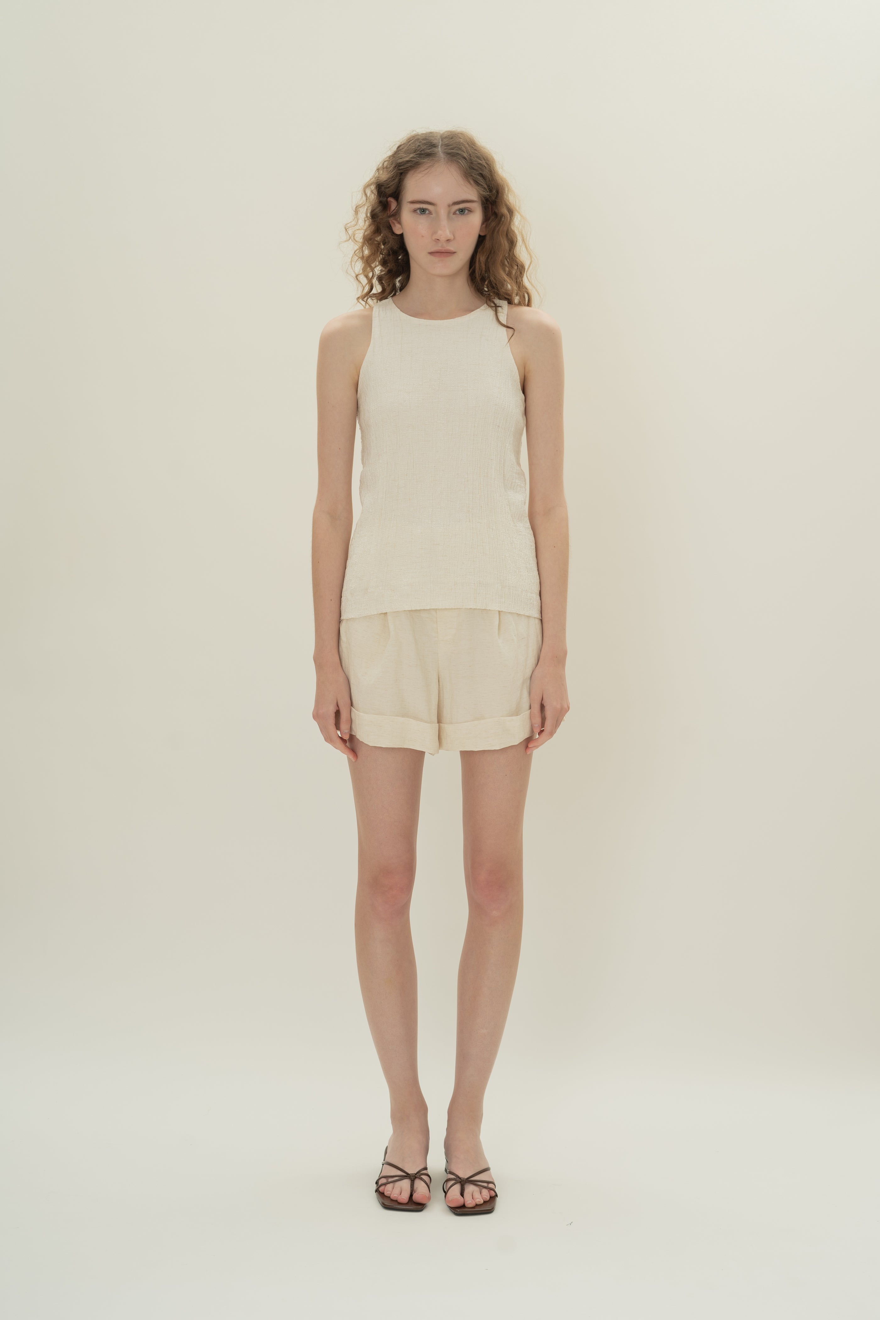 Cotton Blend Textured Round Neck Top in White
