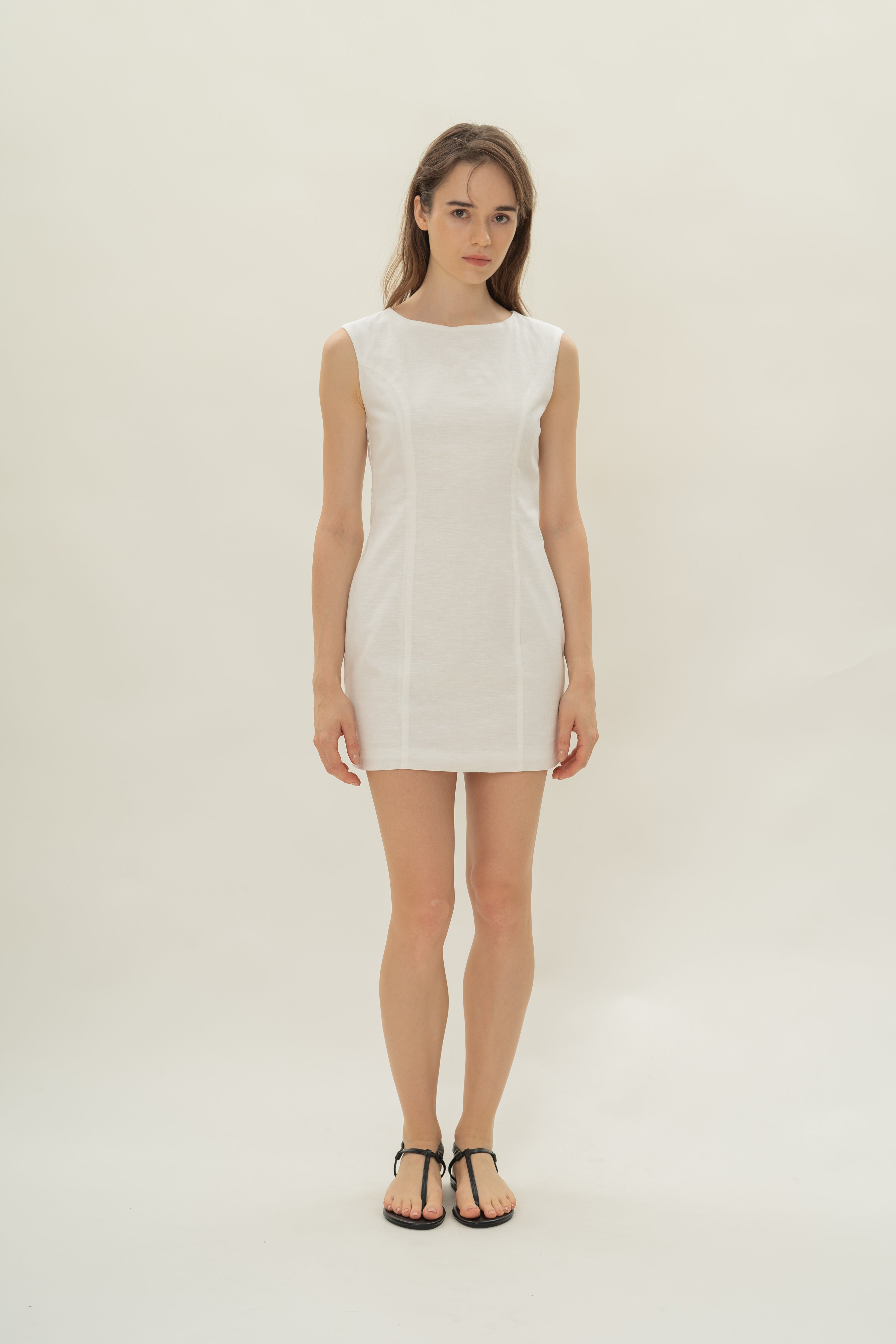 Boat Neck Mini Dress in White