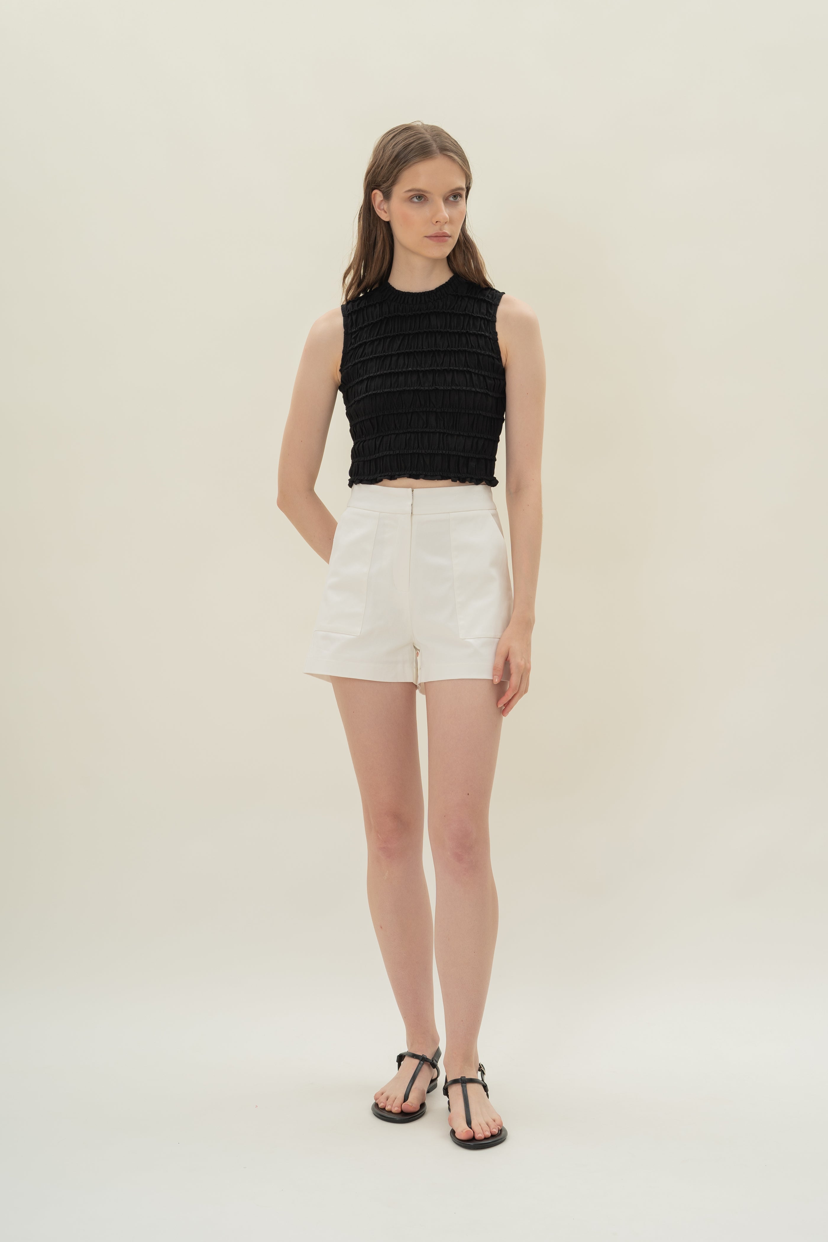 Linen Shirred Top in Black