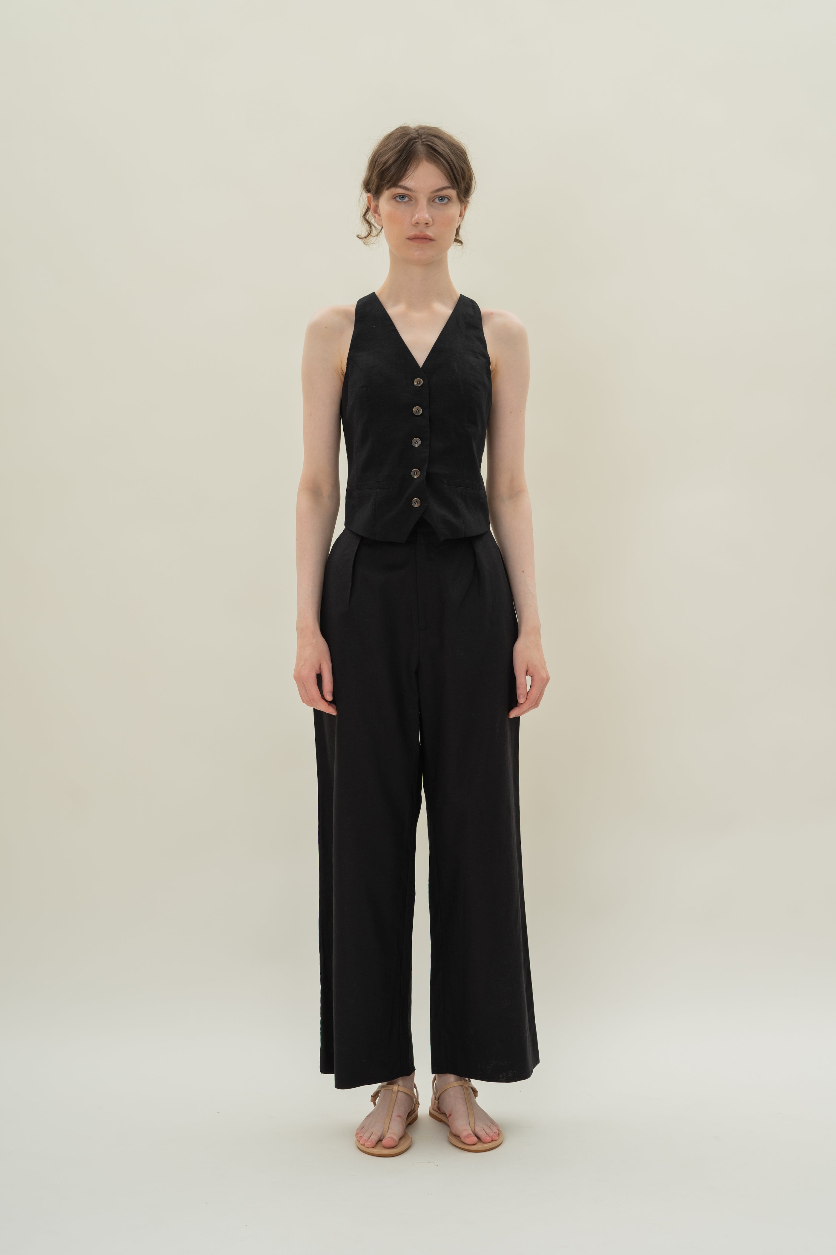 Linen Halter Padded Waistcoat in Black