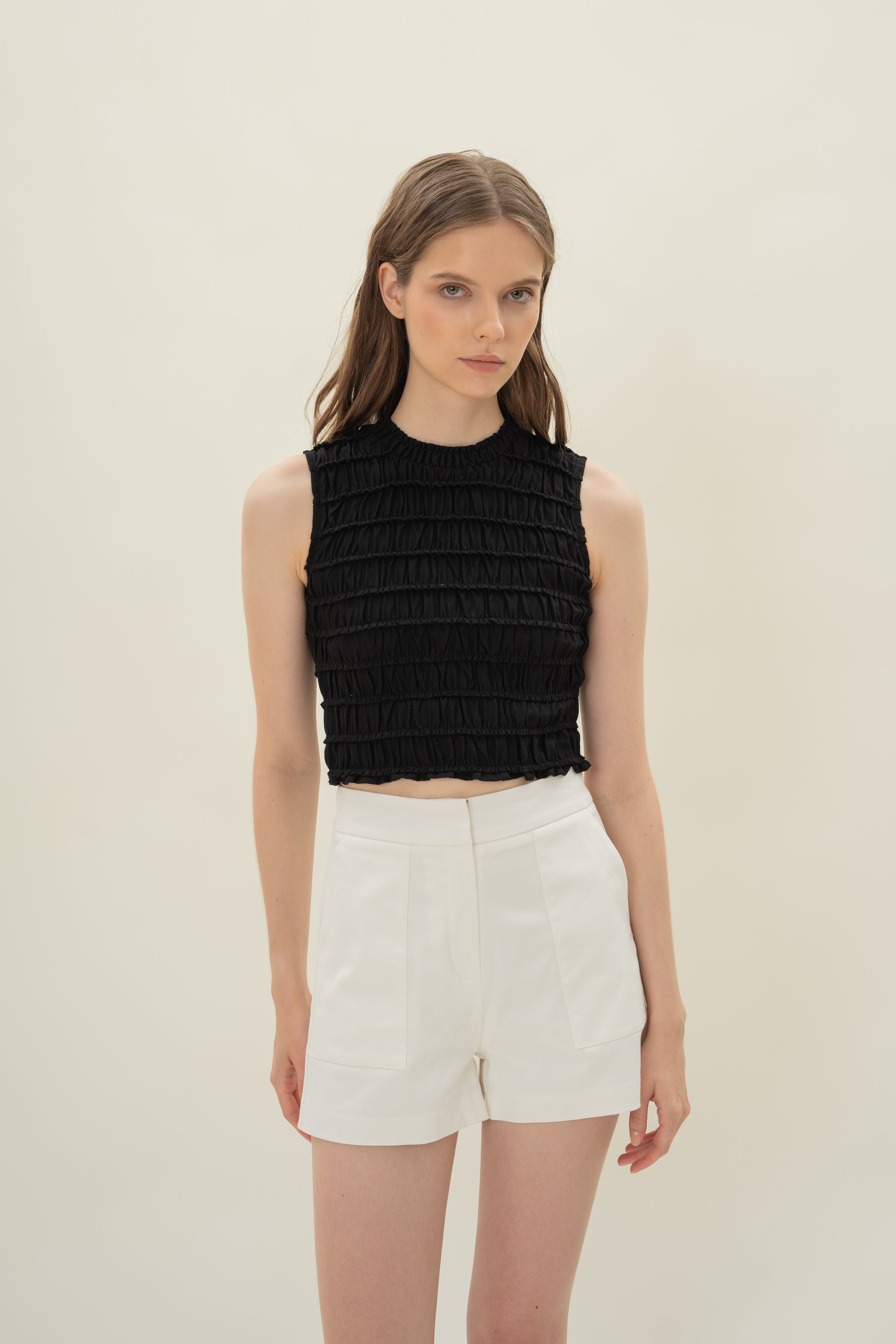 Linen Shirred Top in Black