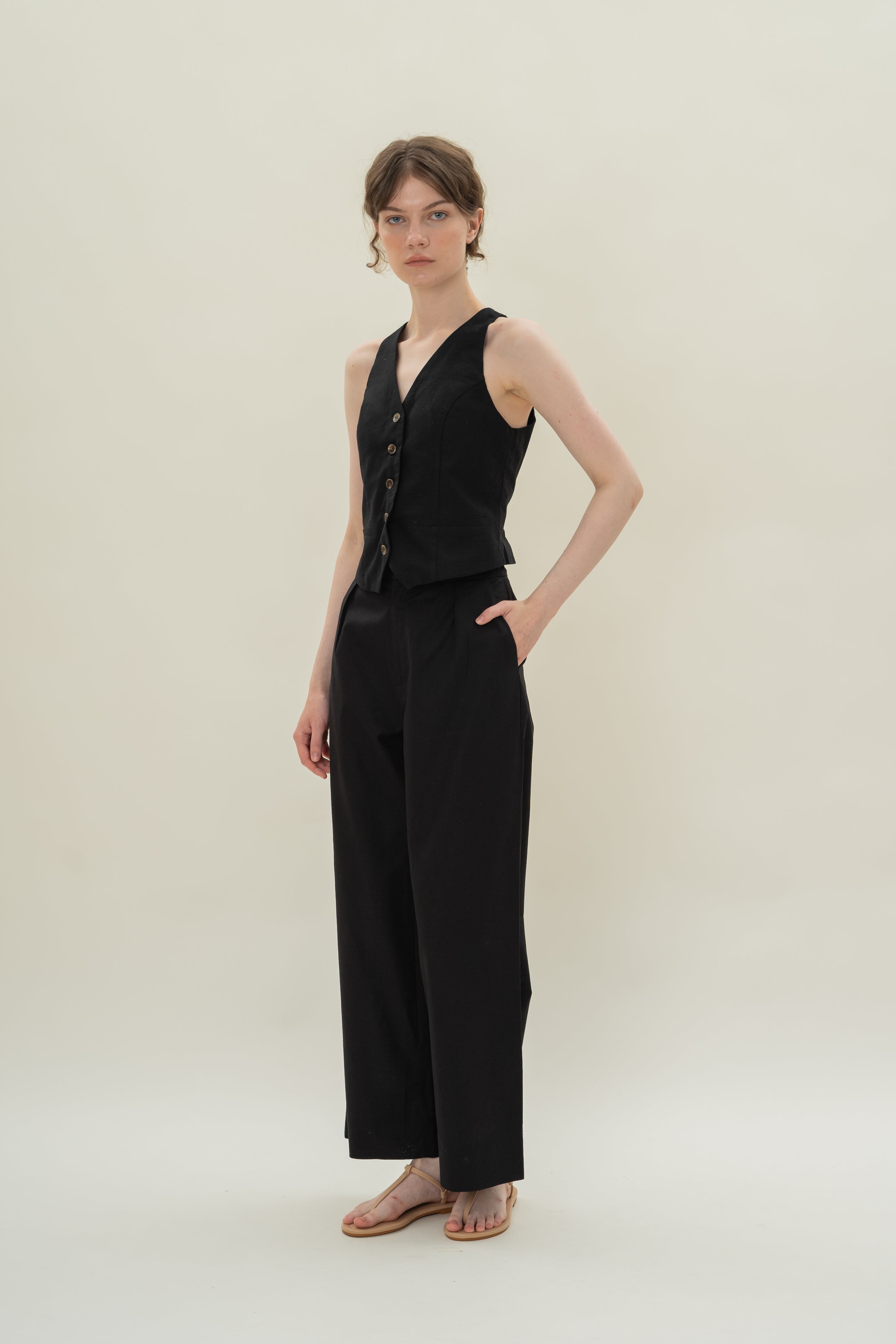 Linen Halter Padded Waistcoat in Black