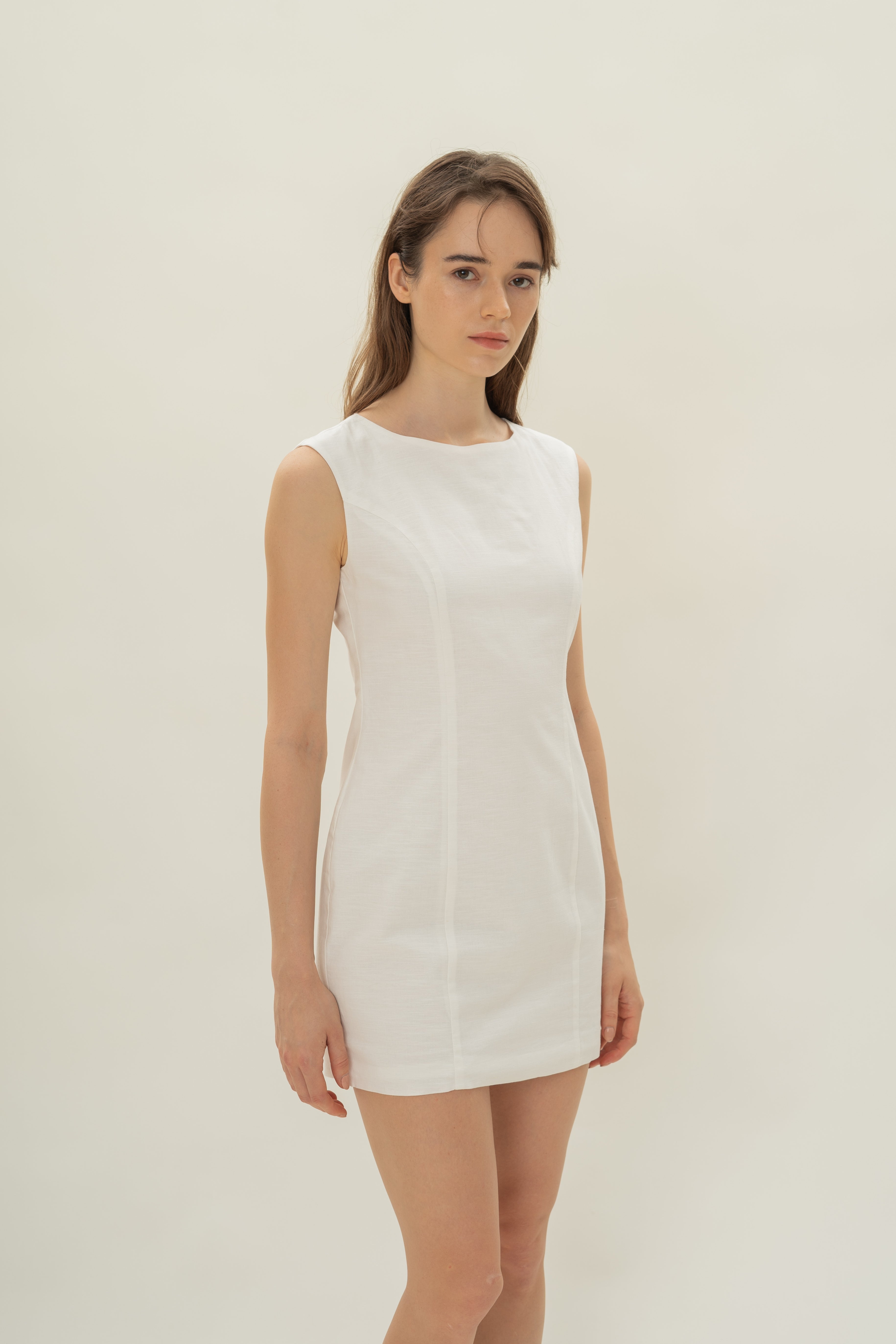 Boat Neck Mini Dress in White