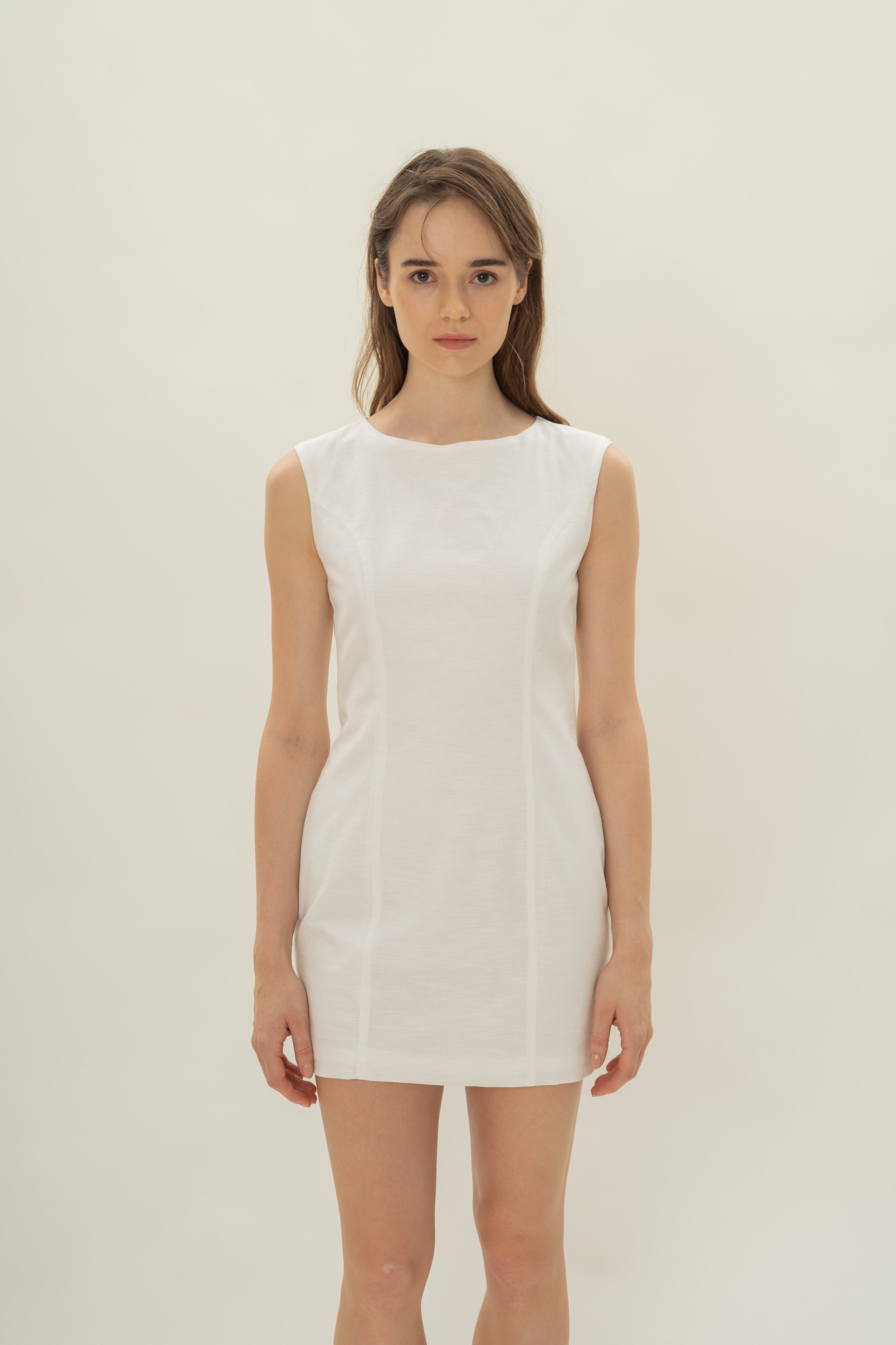 Boat Neck Mini Dress in White