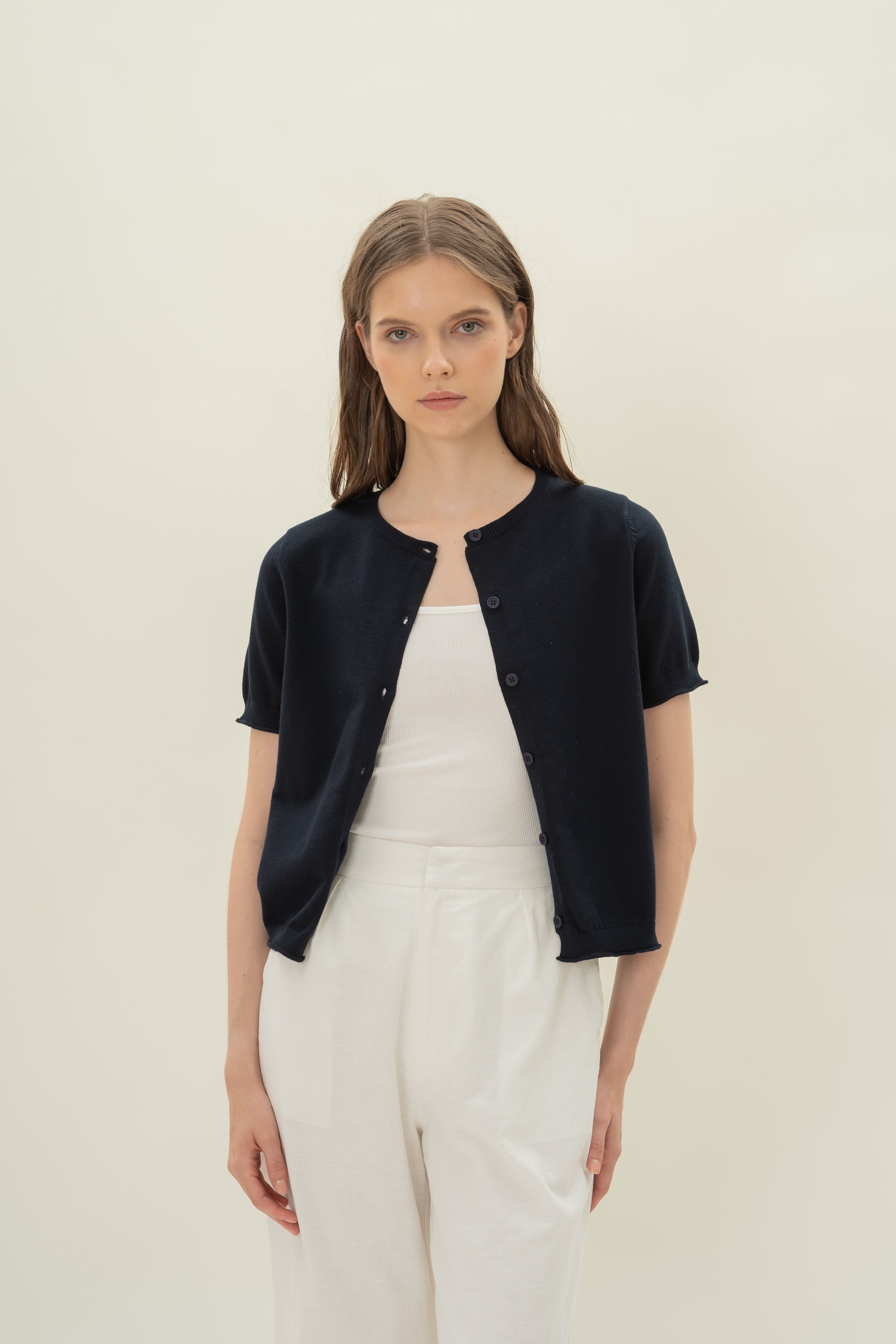 Short Sleeve Button Up Cardigan in Midnight