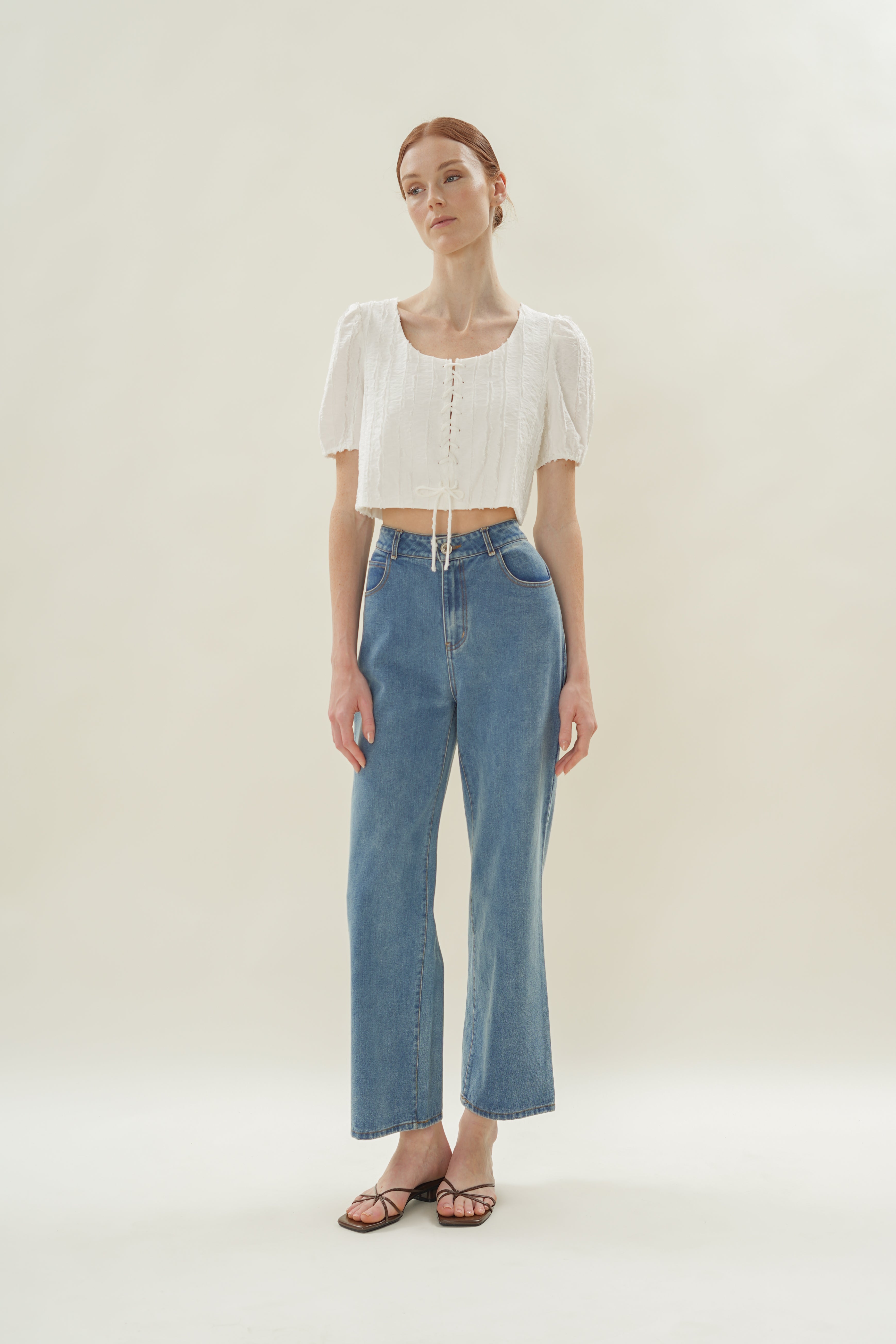 Soft Textured Tie-Detailed Top in White