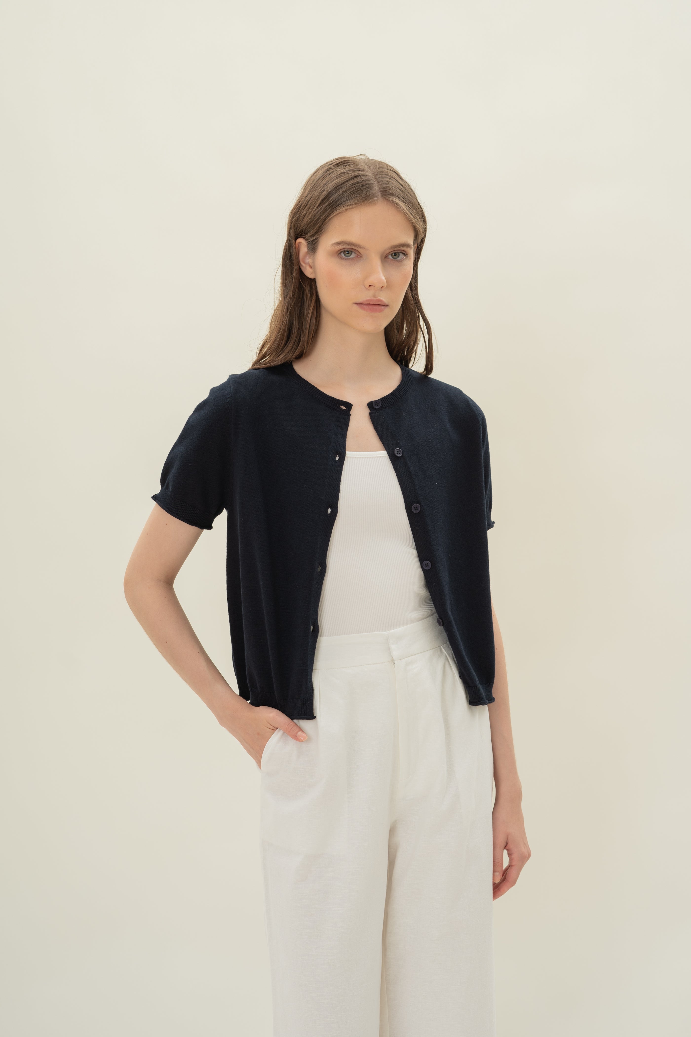 Short Sleeve Button Up Cardigan in Midnight