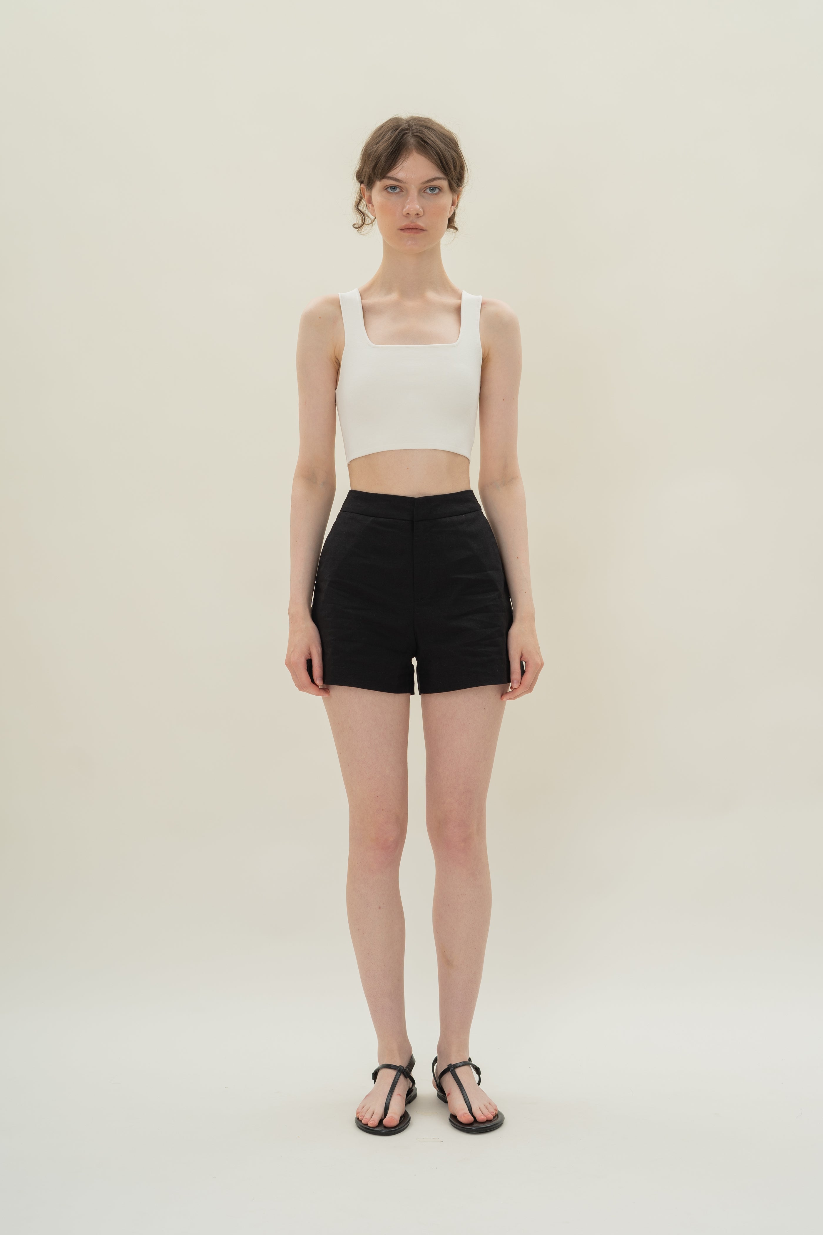 Relaxed Textured Linen Shorts in Black