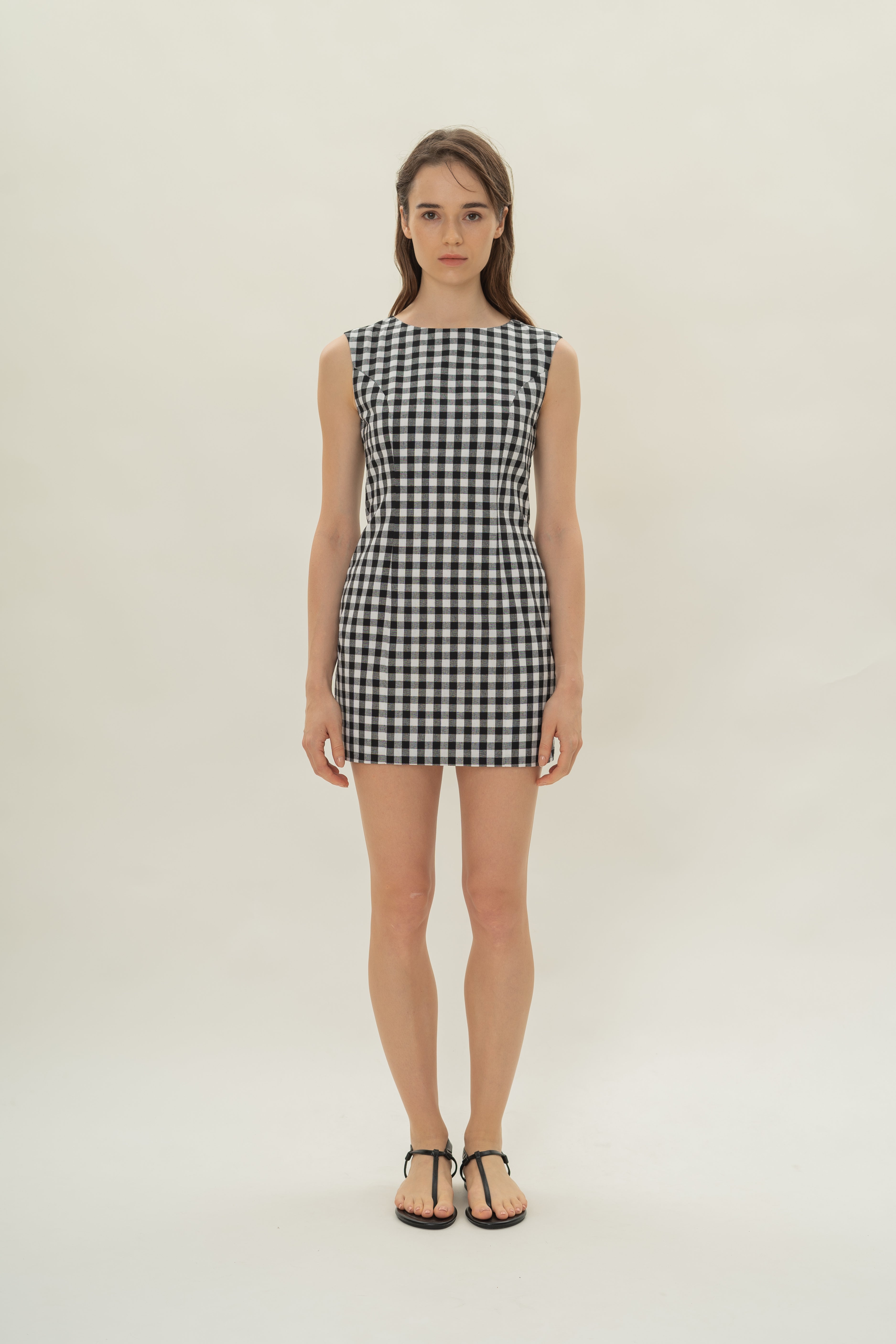 Boat Neck Mini Dress in Black Gingham