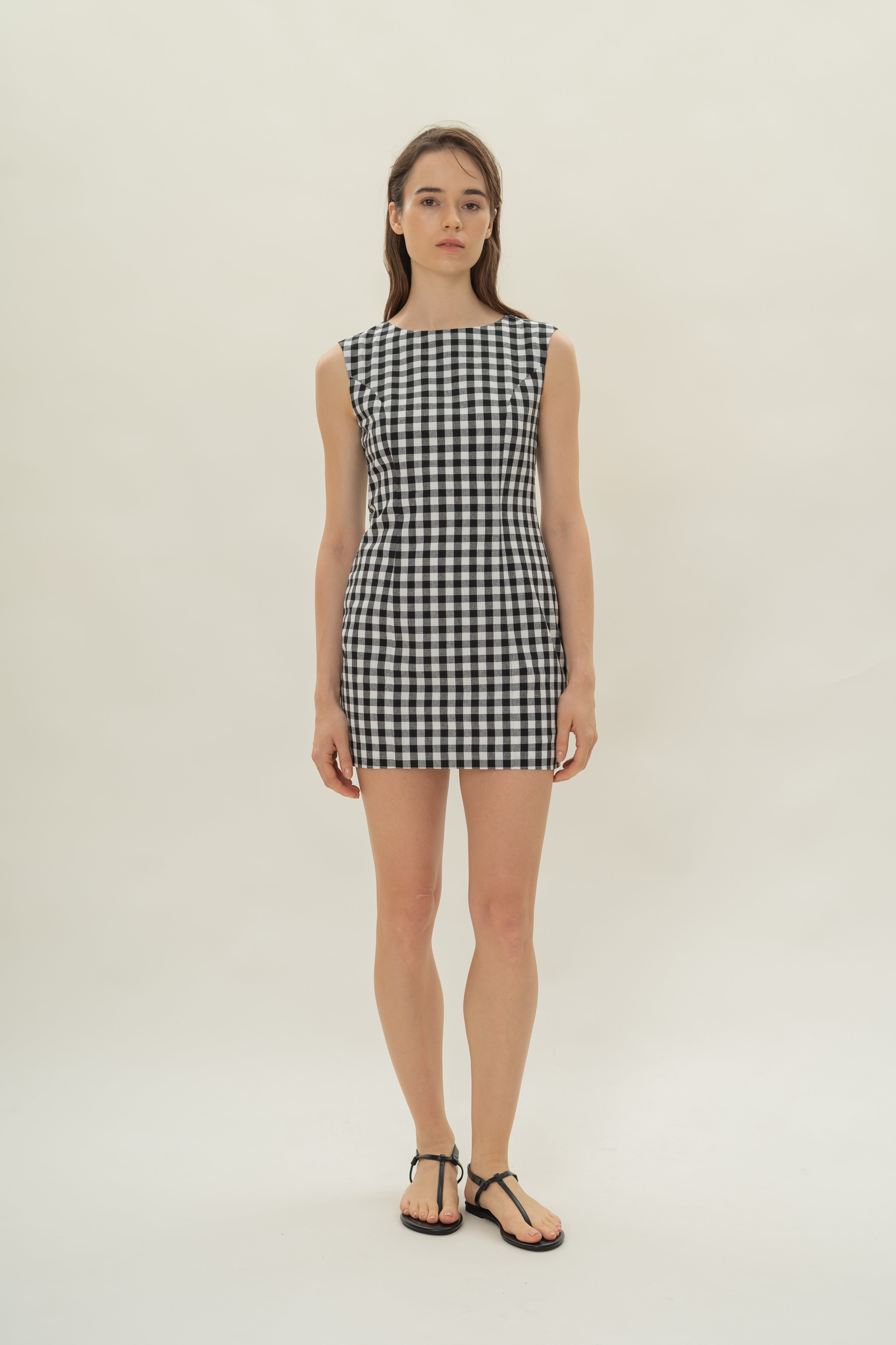 Boat Neck Mini Dress in Black Gingham
