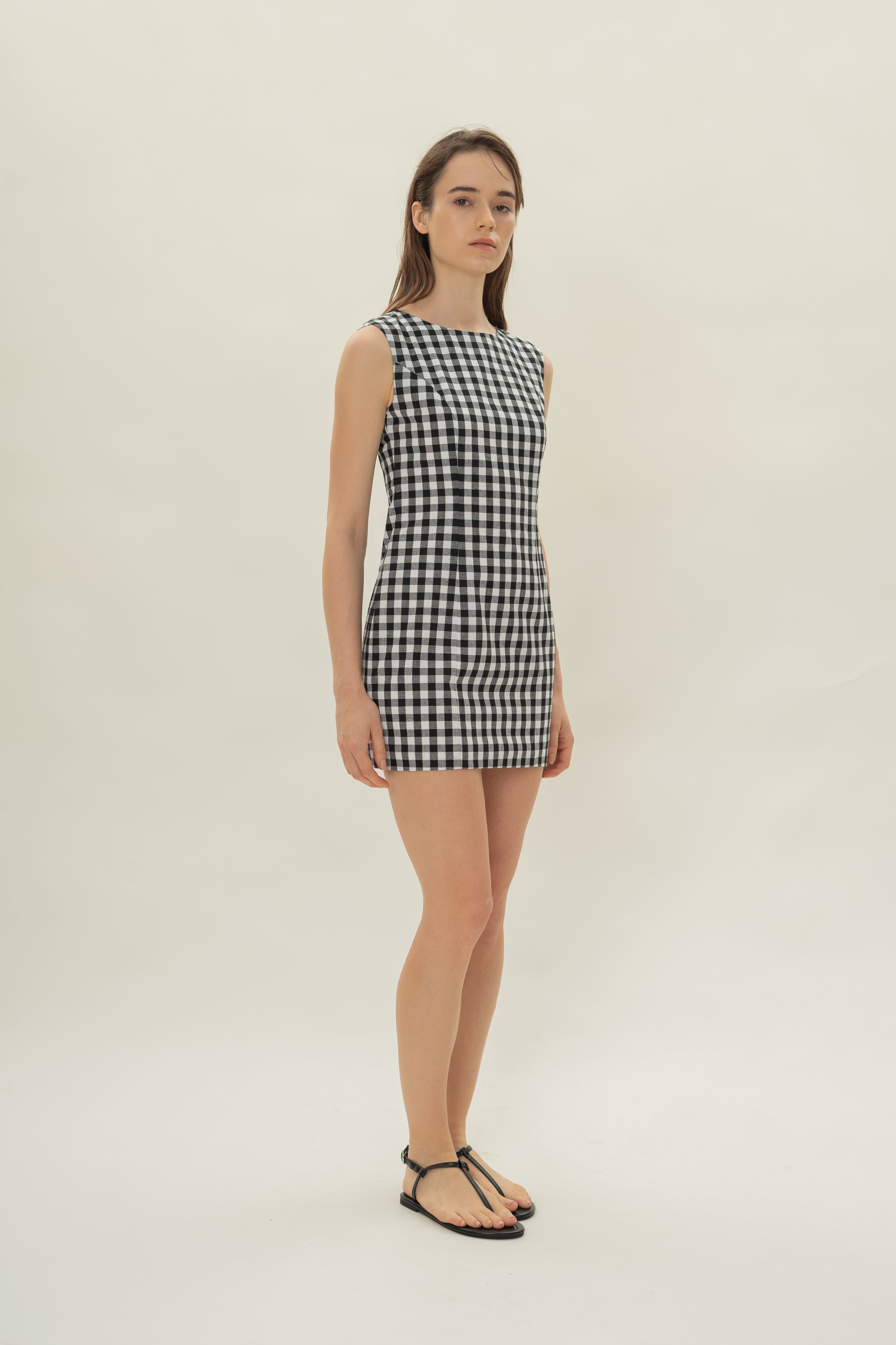 Boat Neck Mini Dress in Black Gingham