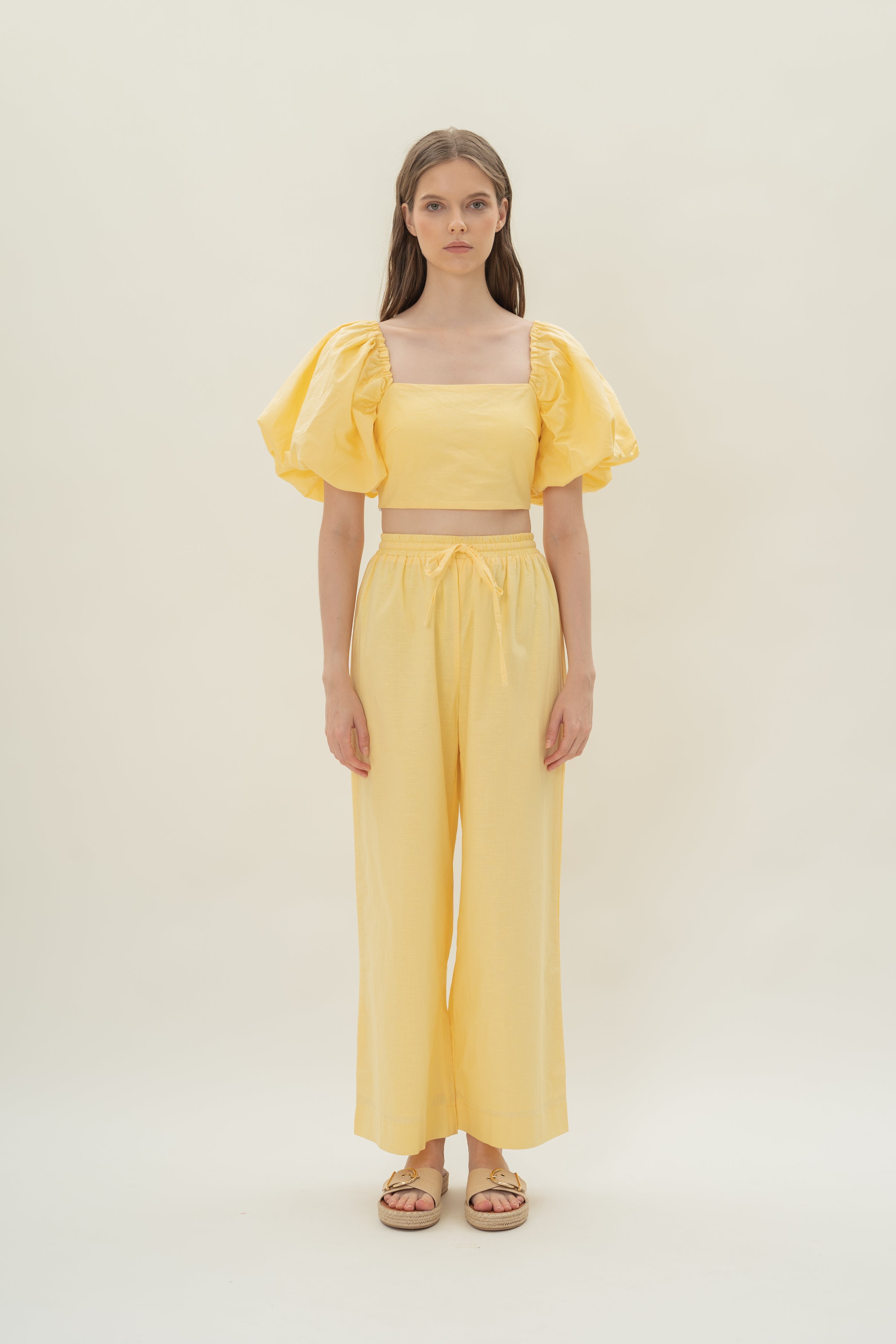 Lined Puffed Sleeve Padded Top in Lemon