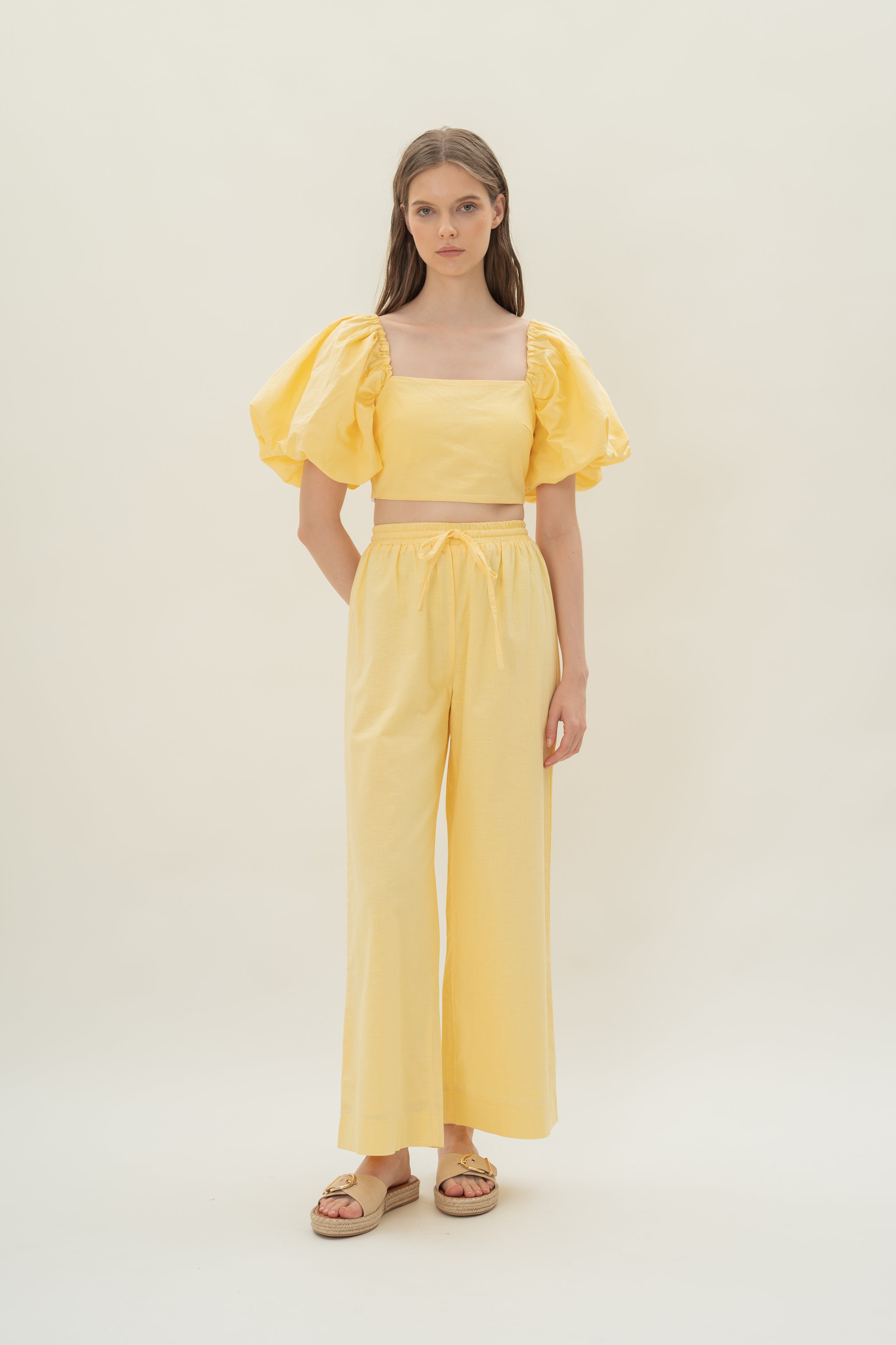 Lined Puffed Sleeve Padded Top in Lemon