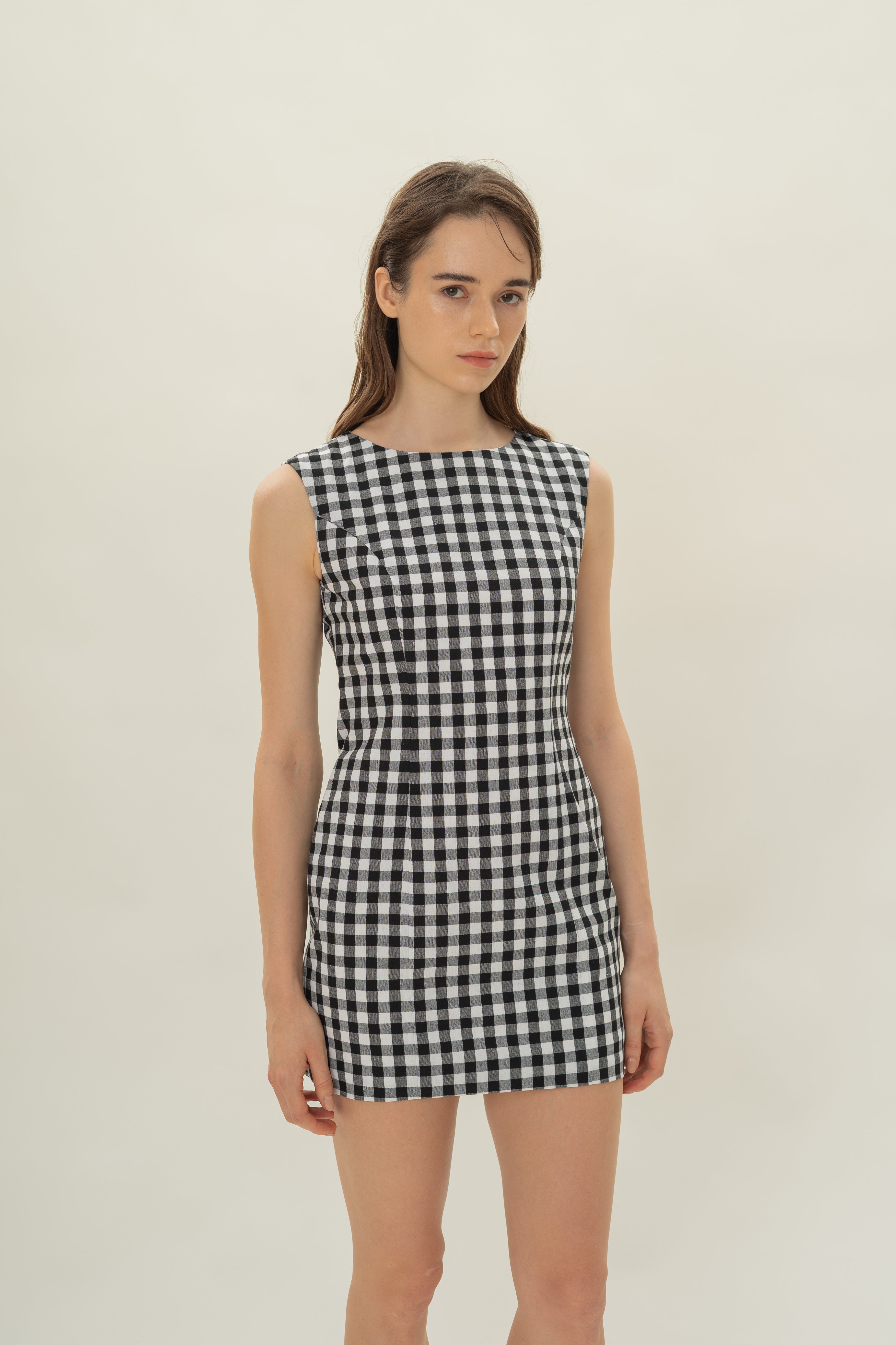 Boat Neck Mini Dress in Black Gingham