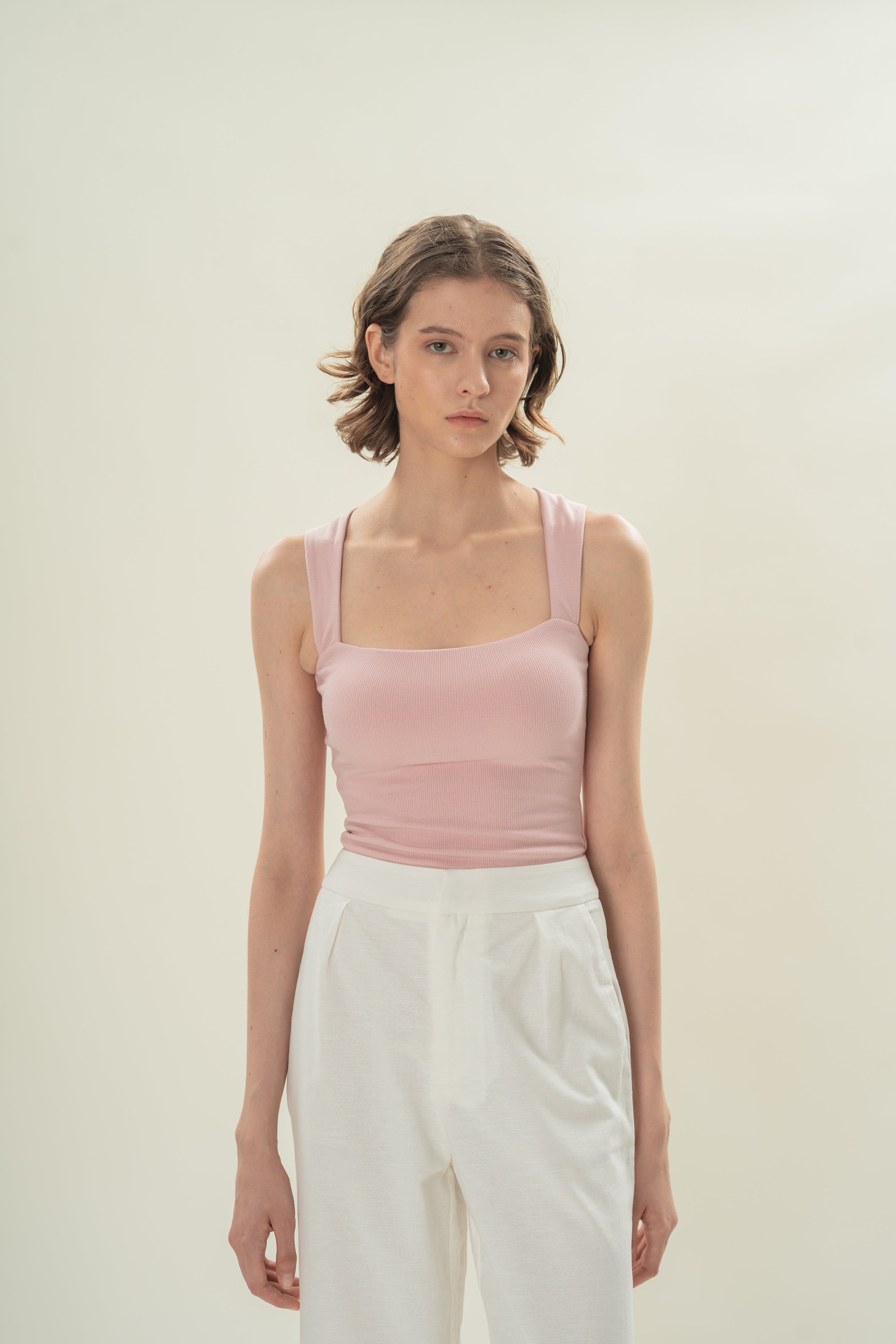 Straight Neck Ribbed Tank in Petal Pink