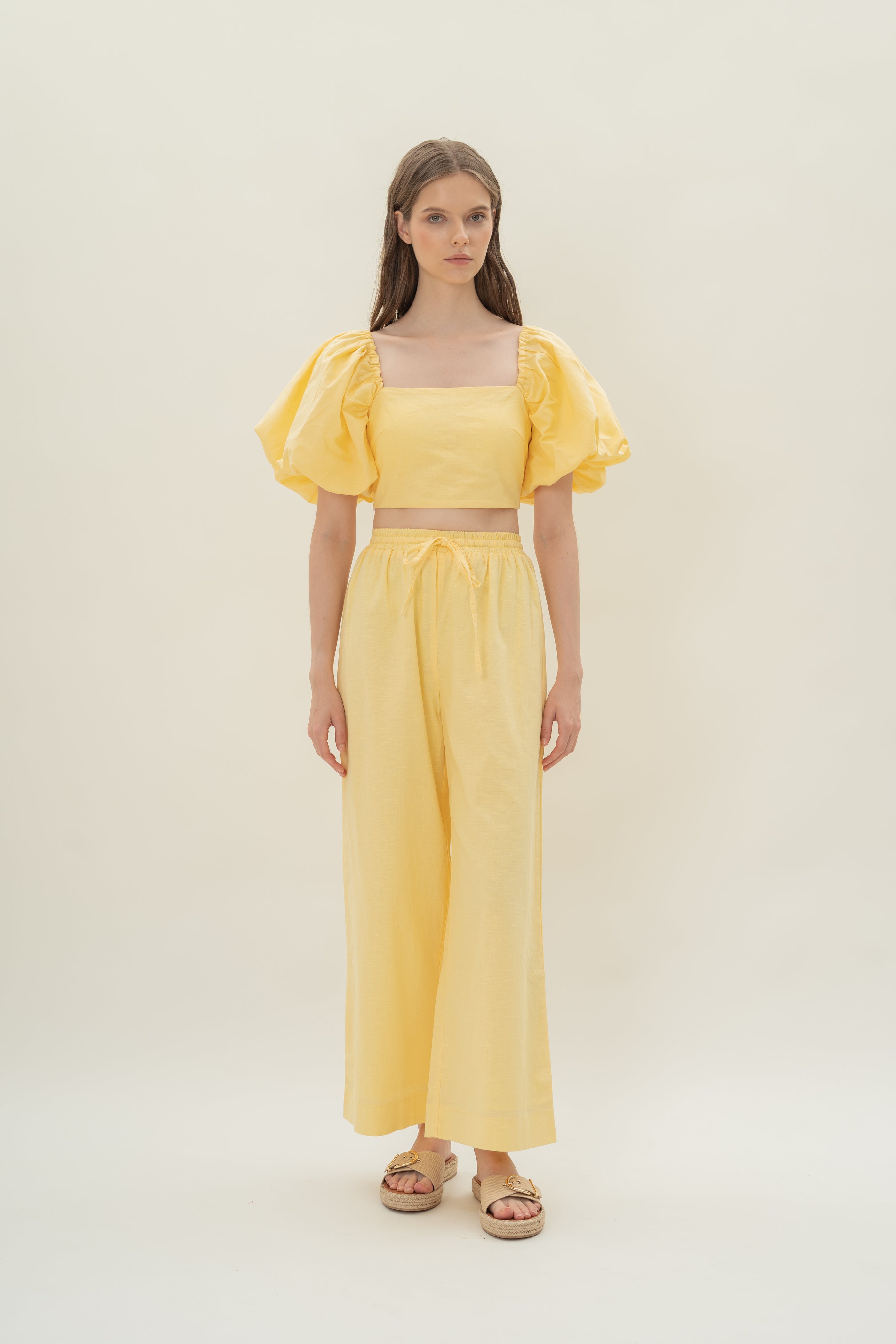 Lined Puffed Sleeve Padded Top in Lemon