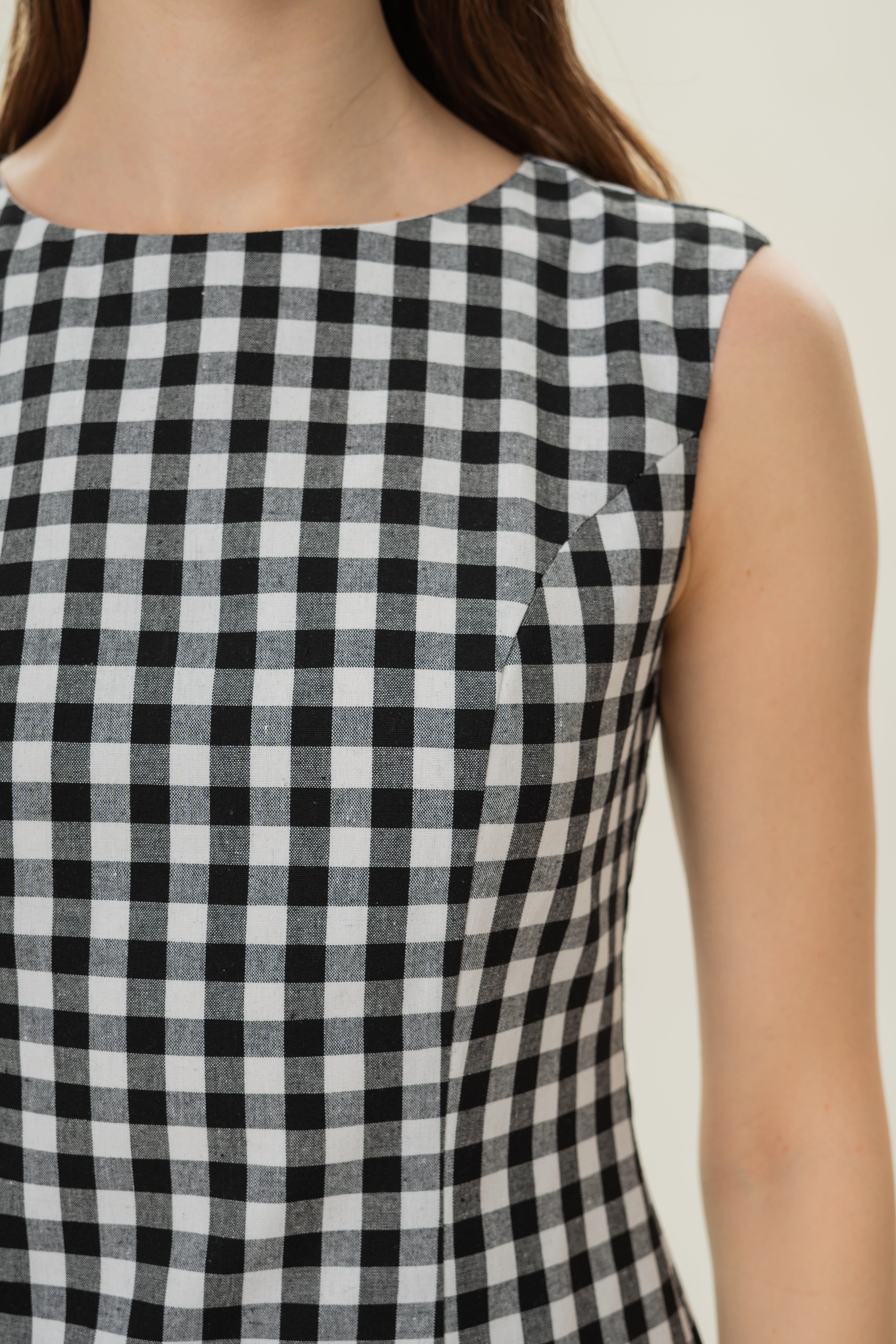 Boat Neck Mini Dress in Black Gingham