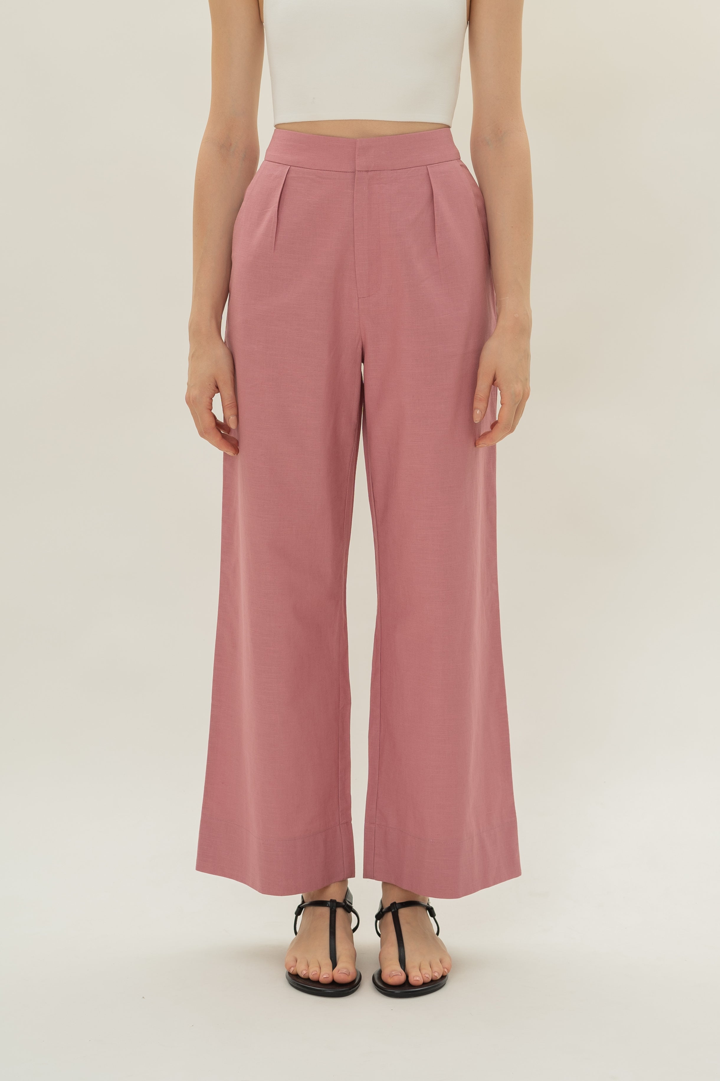 Linen Pleated Straight Trousers in Hibiscus