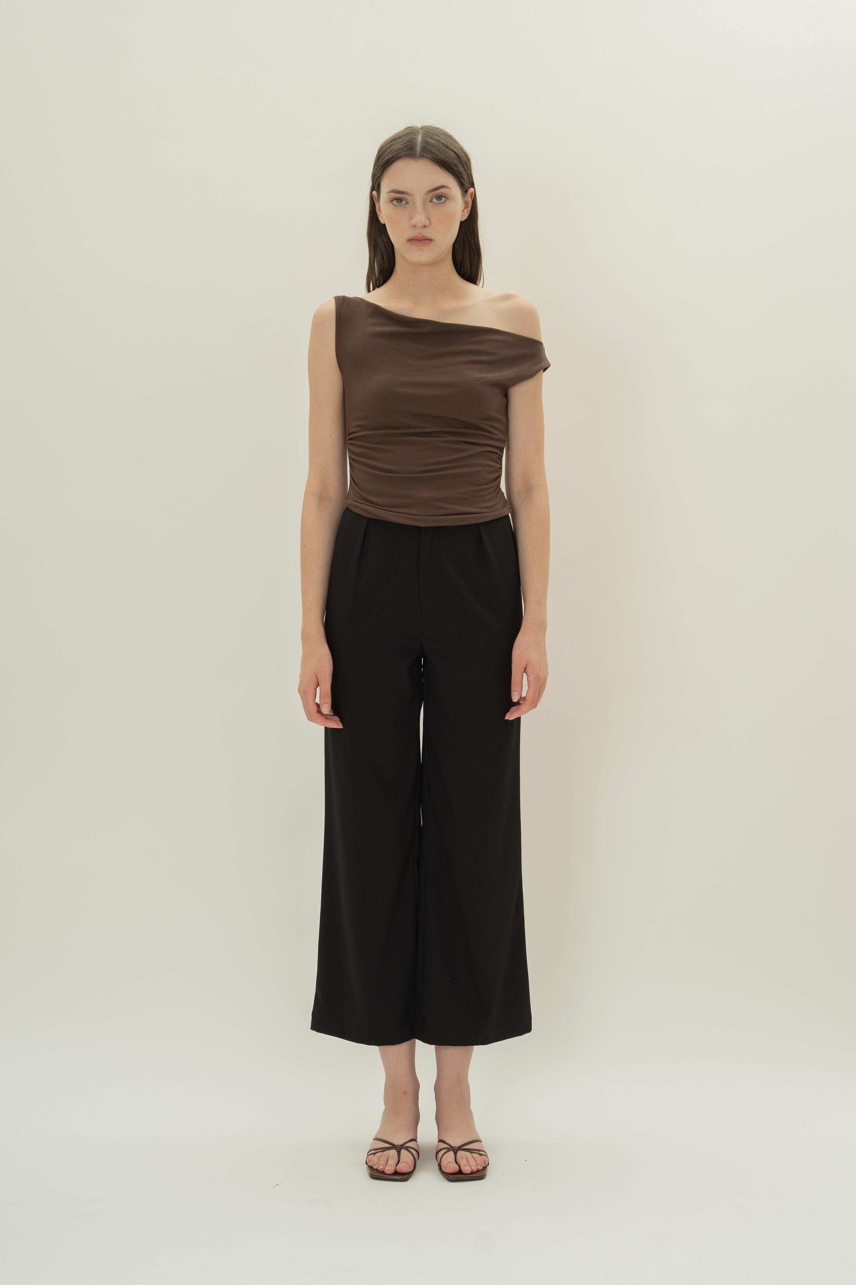 Off Shoulder Ruched Waist Top in Umber