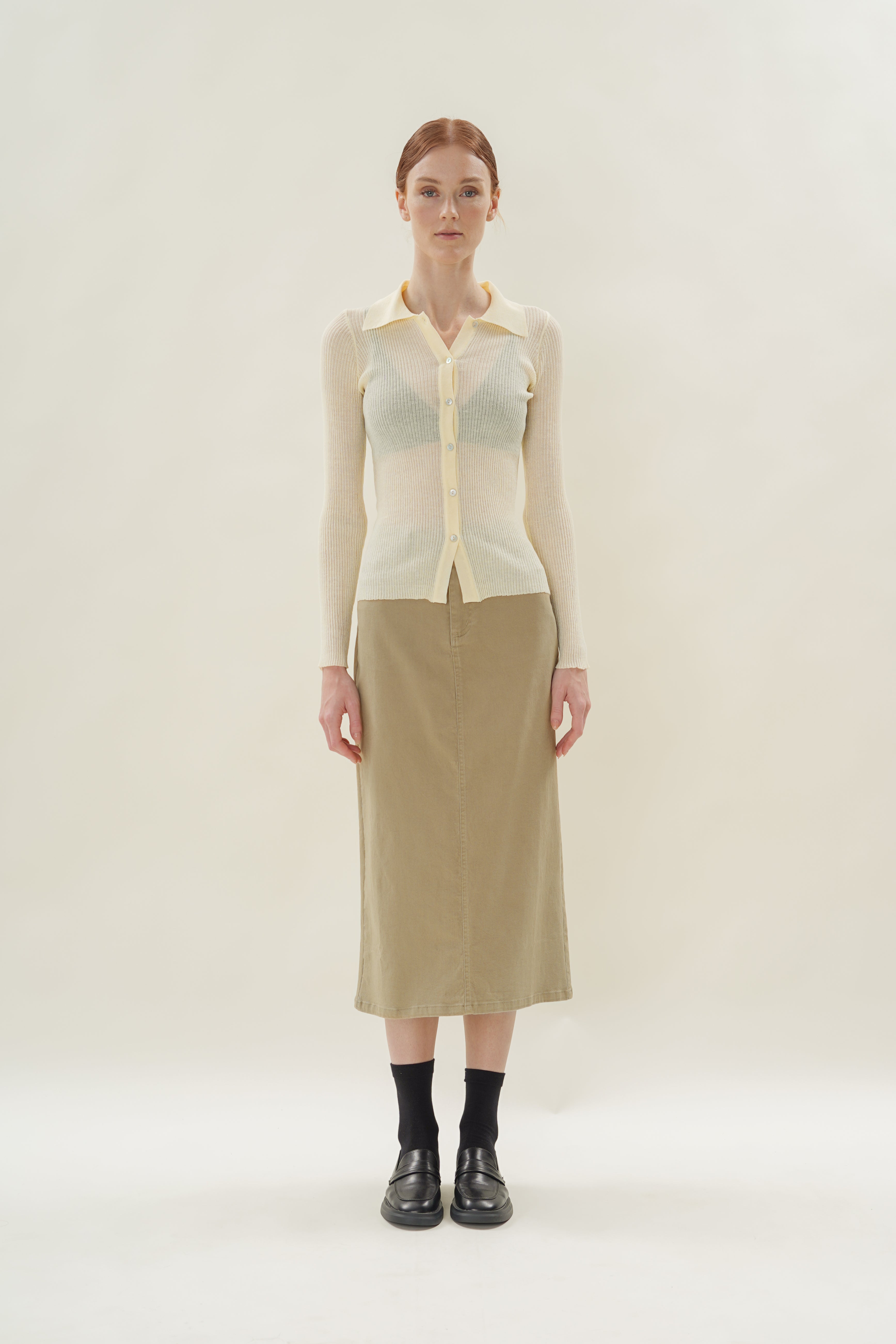 Fitted Sheer Knit Collared Top in Souffle