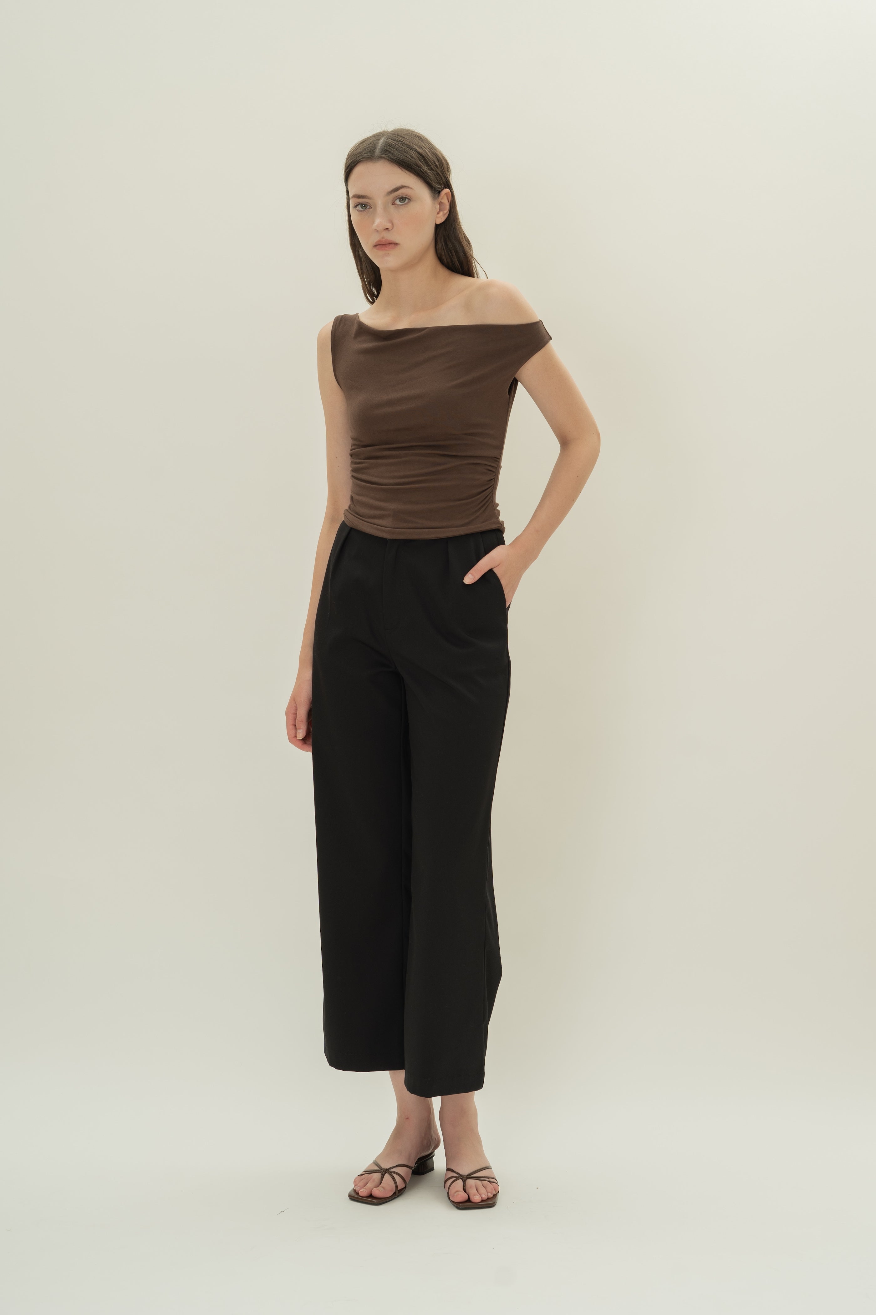 Off Shoulder Ruched Waist Top in Umber