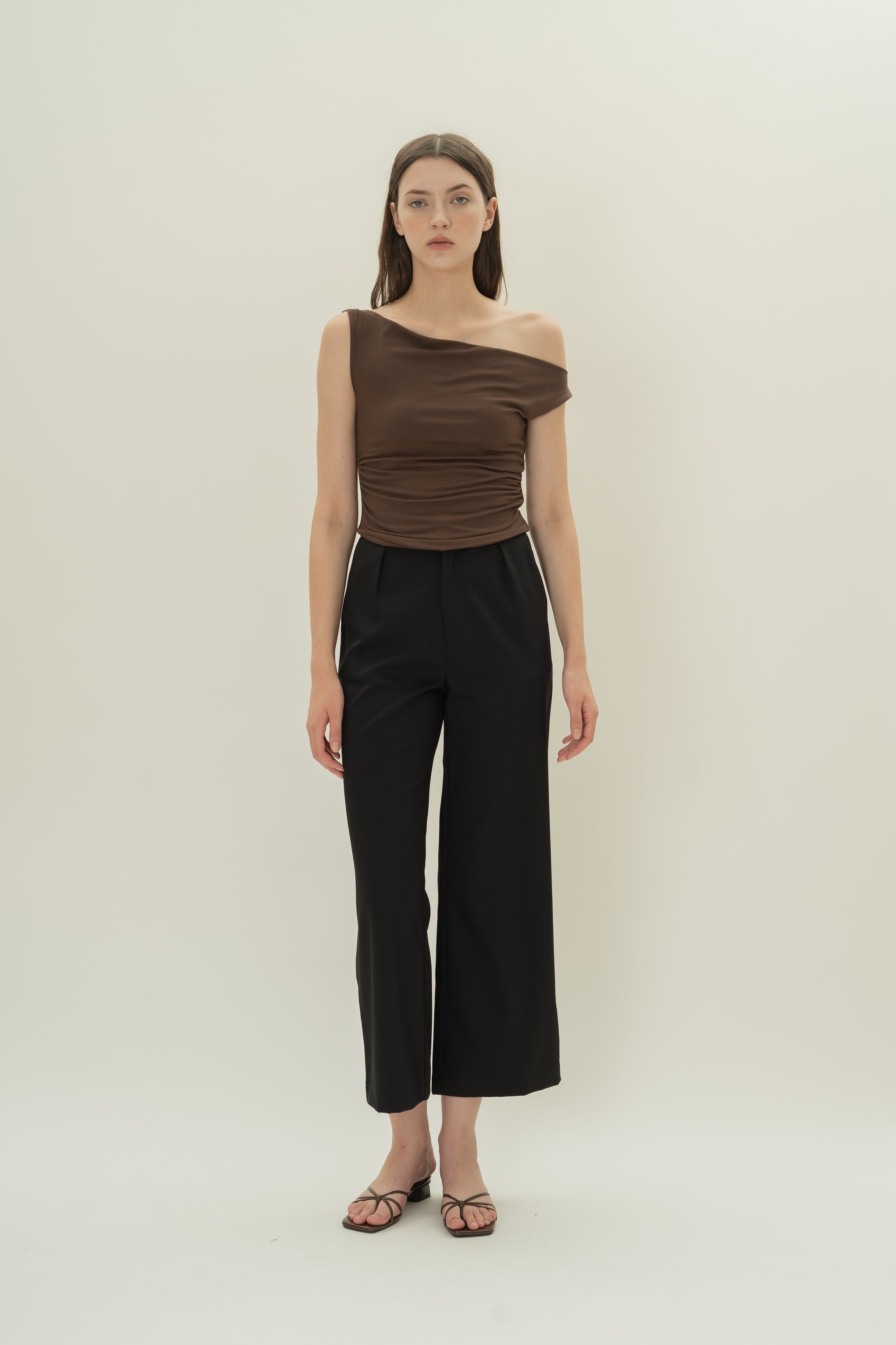 Off Shoulder Ruched Waist Top in Umber