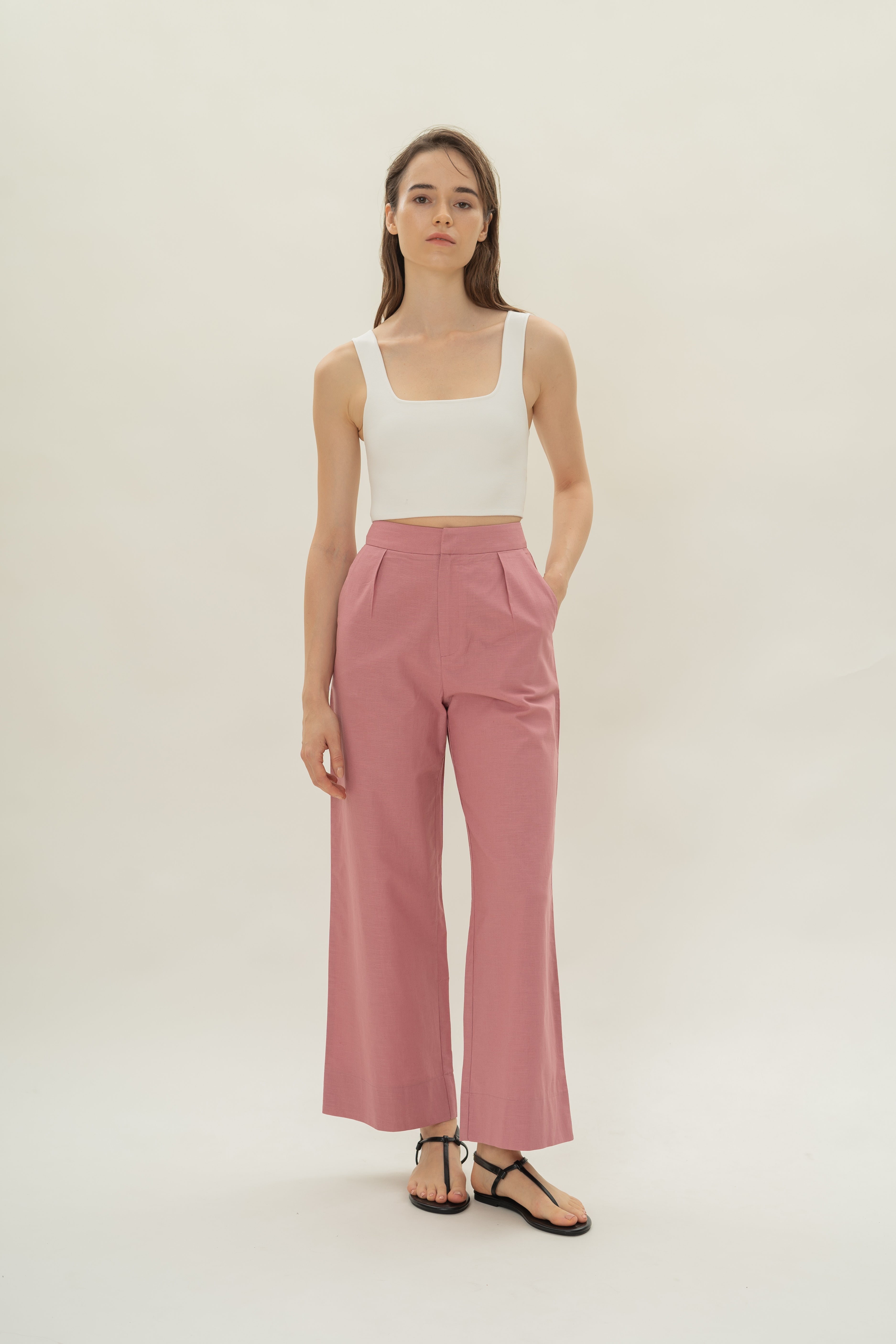Linen Pleated Straight Trousers in Hibiscus
