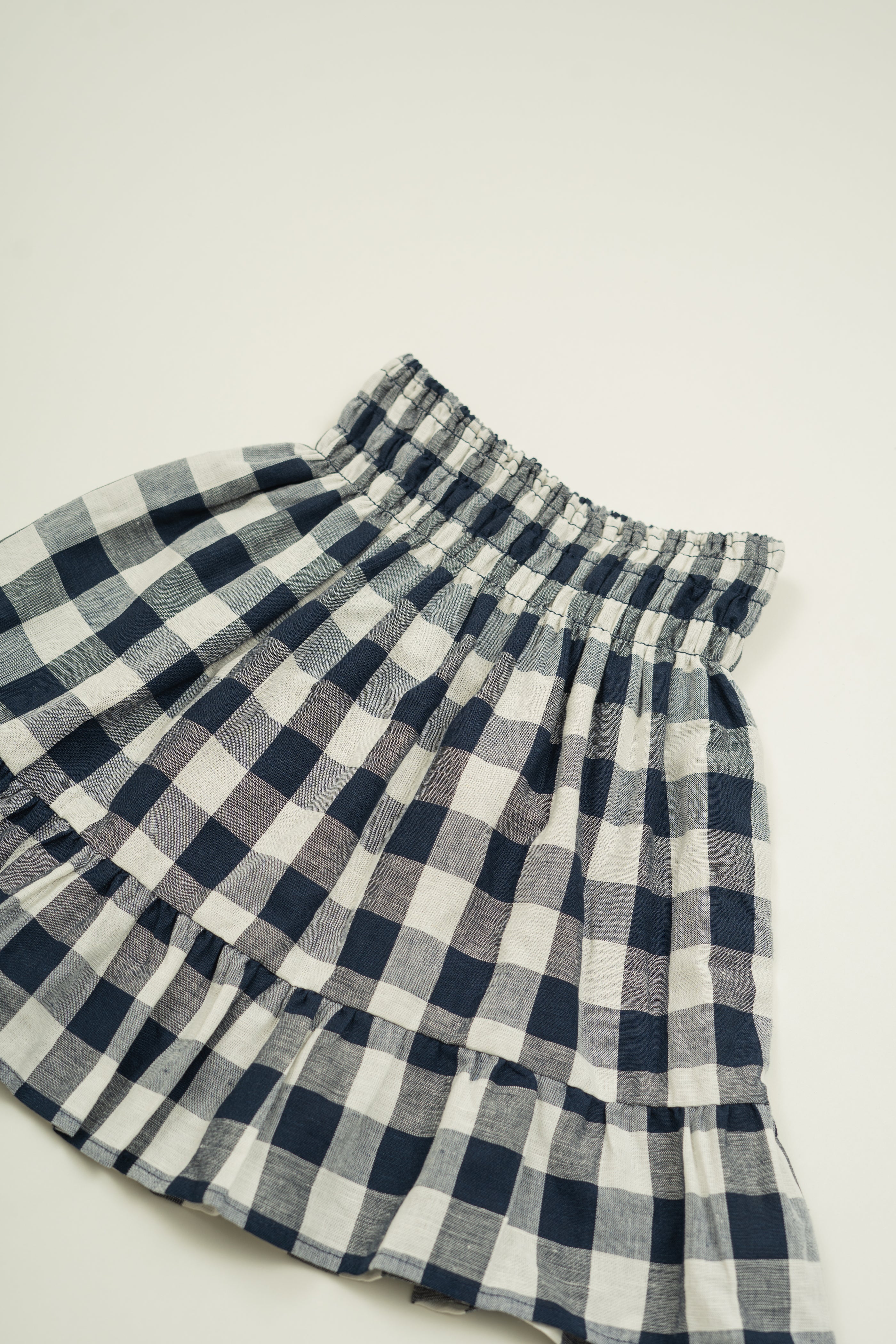 Mini Gathered Waist Skirt in Navy Gingham