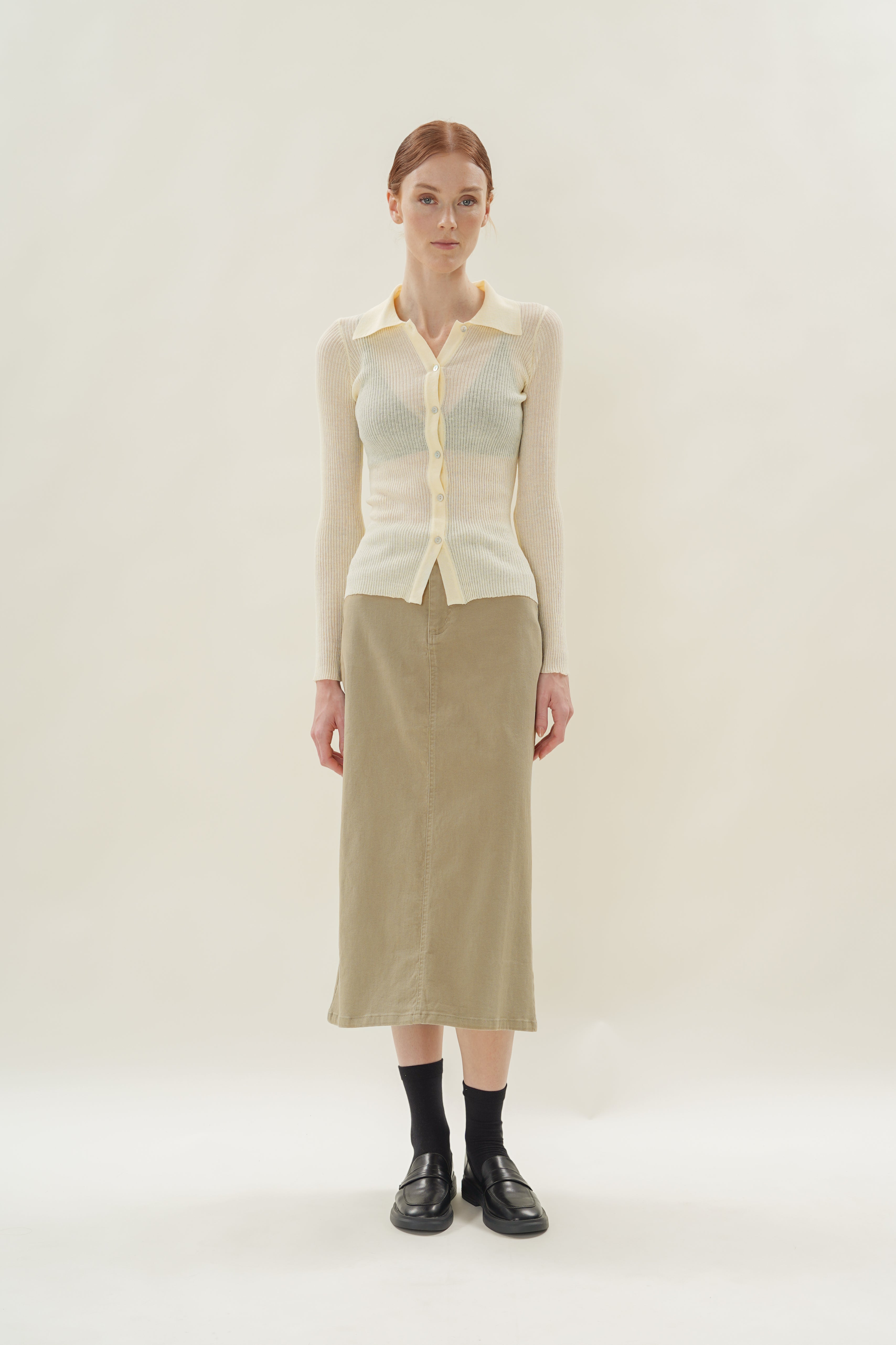 Fitted Sheer Knit Collared Top in Souffle