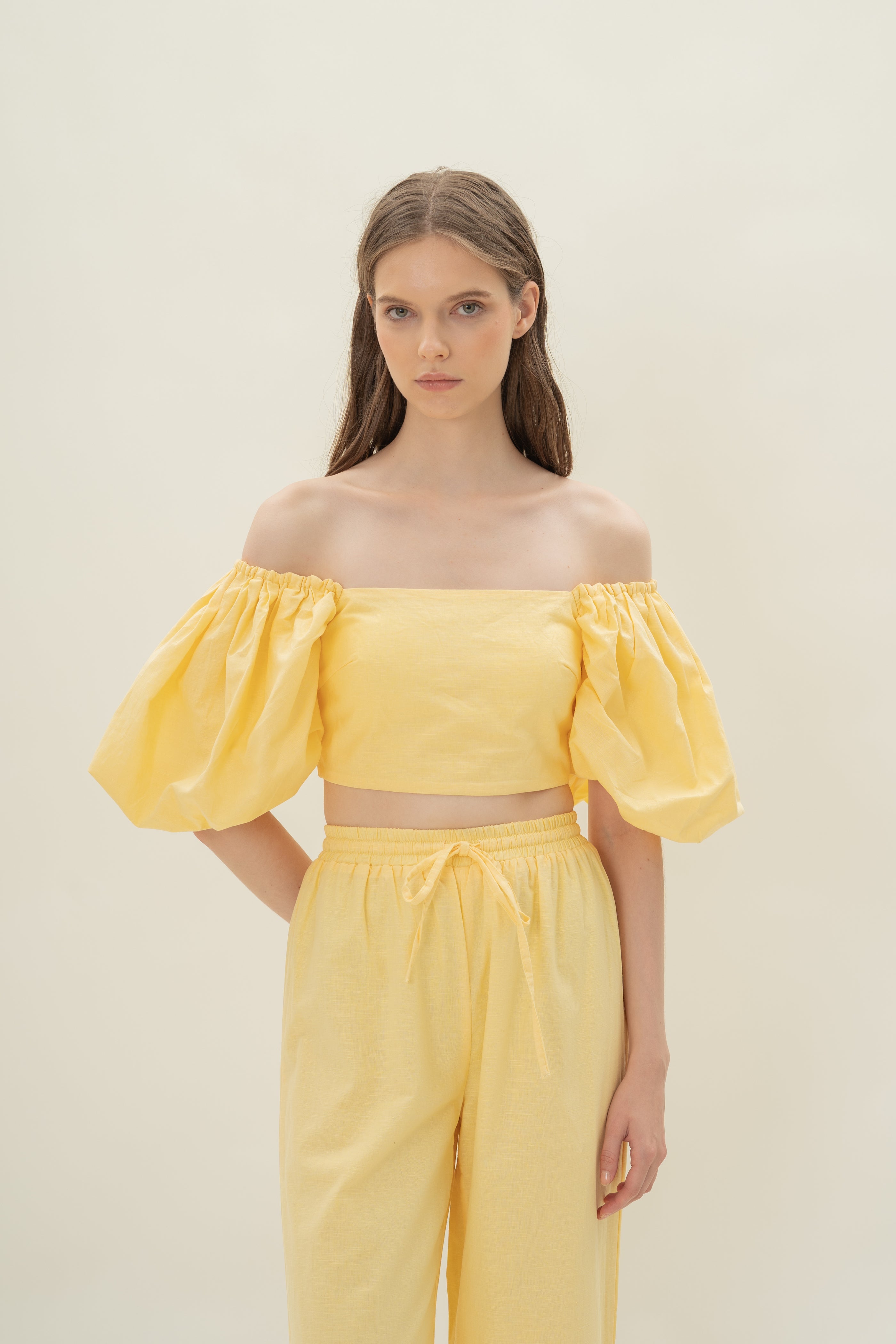 Lined Puffed Sleeve Padded Top in Lemon