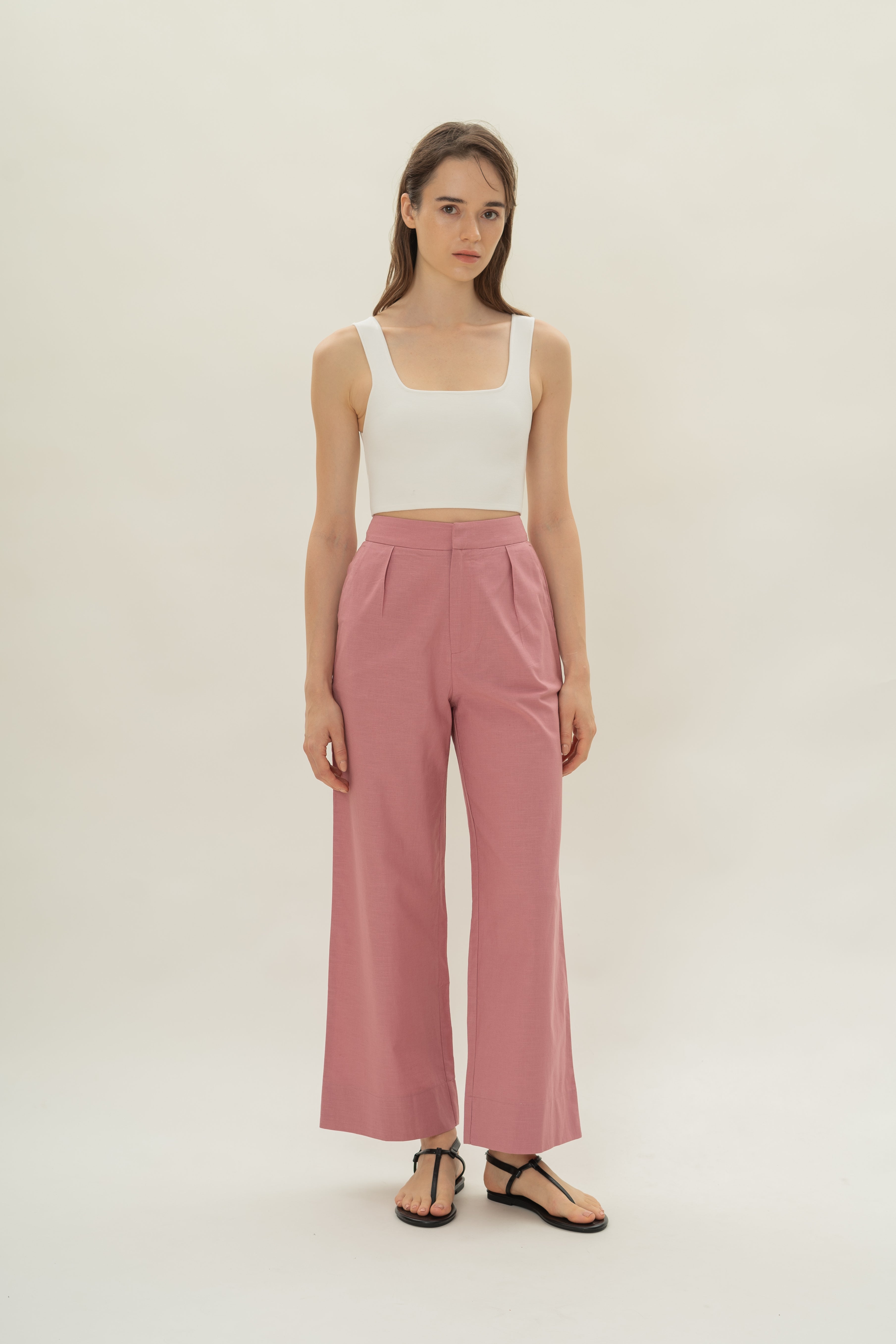Linen Pleated Straight Trousers in Hibiscus