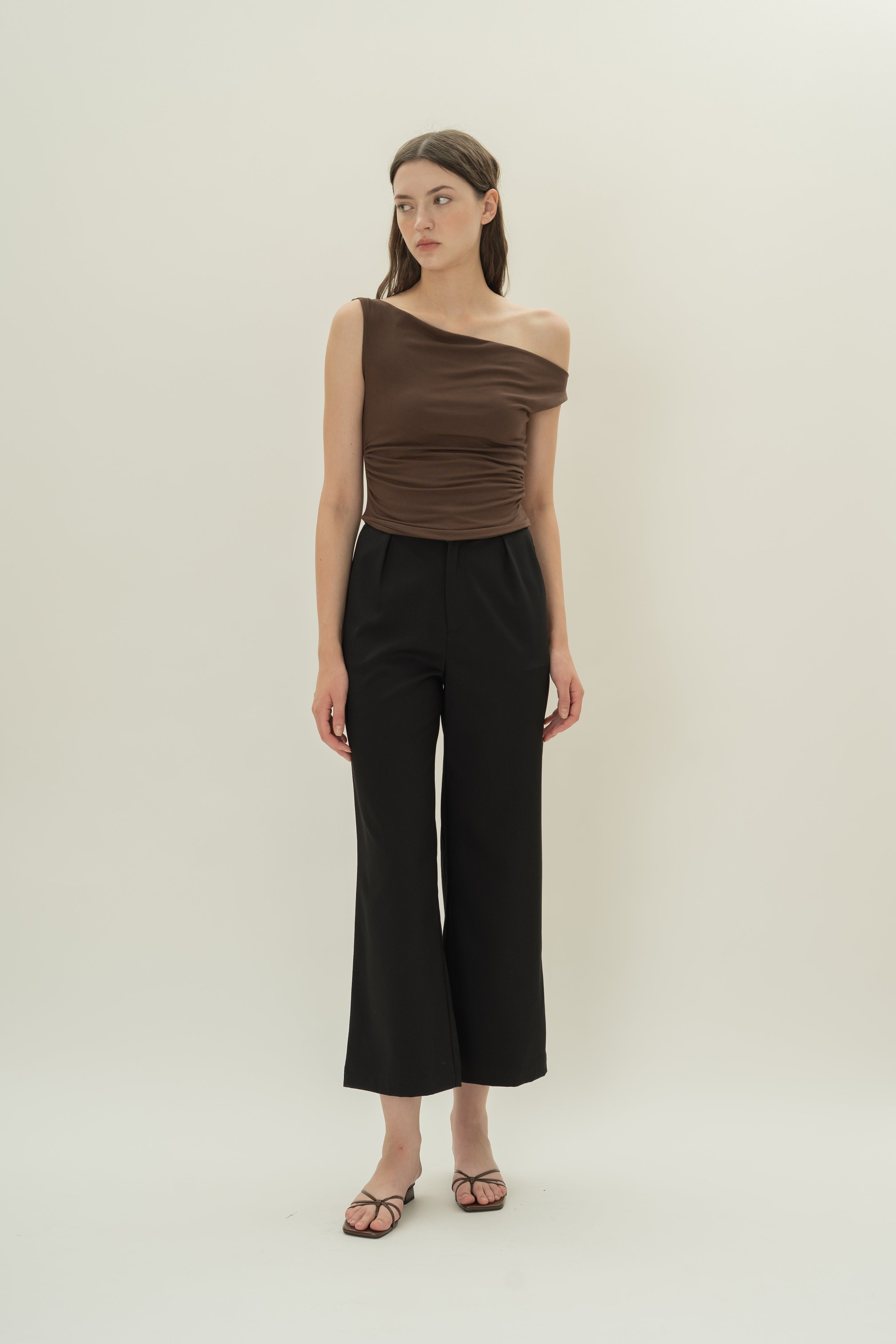 Off Shoulder Ruched Waist Top in Umber