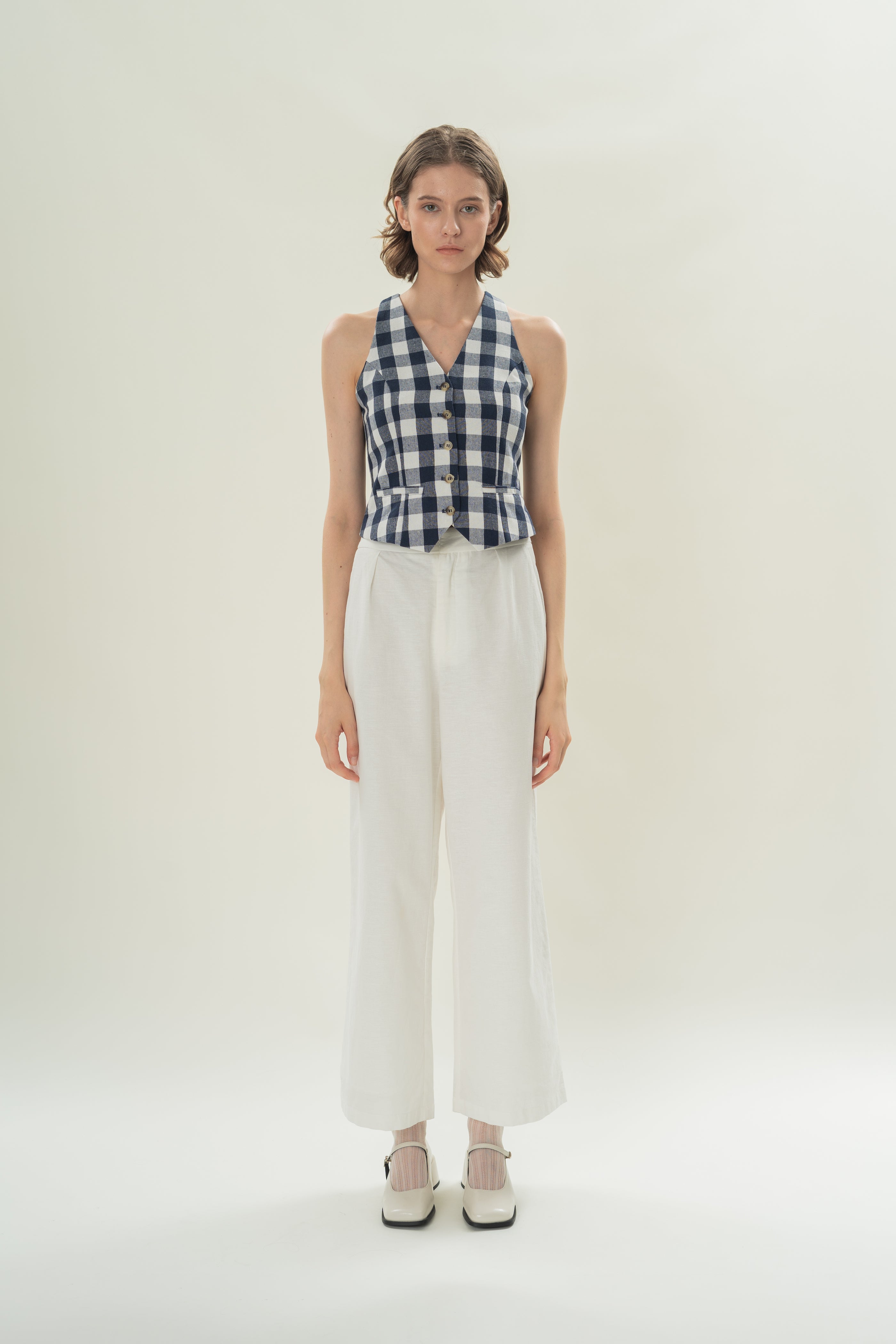 Linen Halter Padded Waistcoat in Navy Gingham