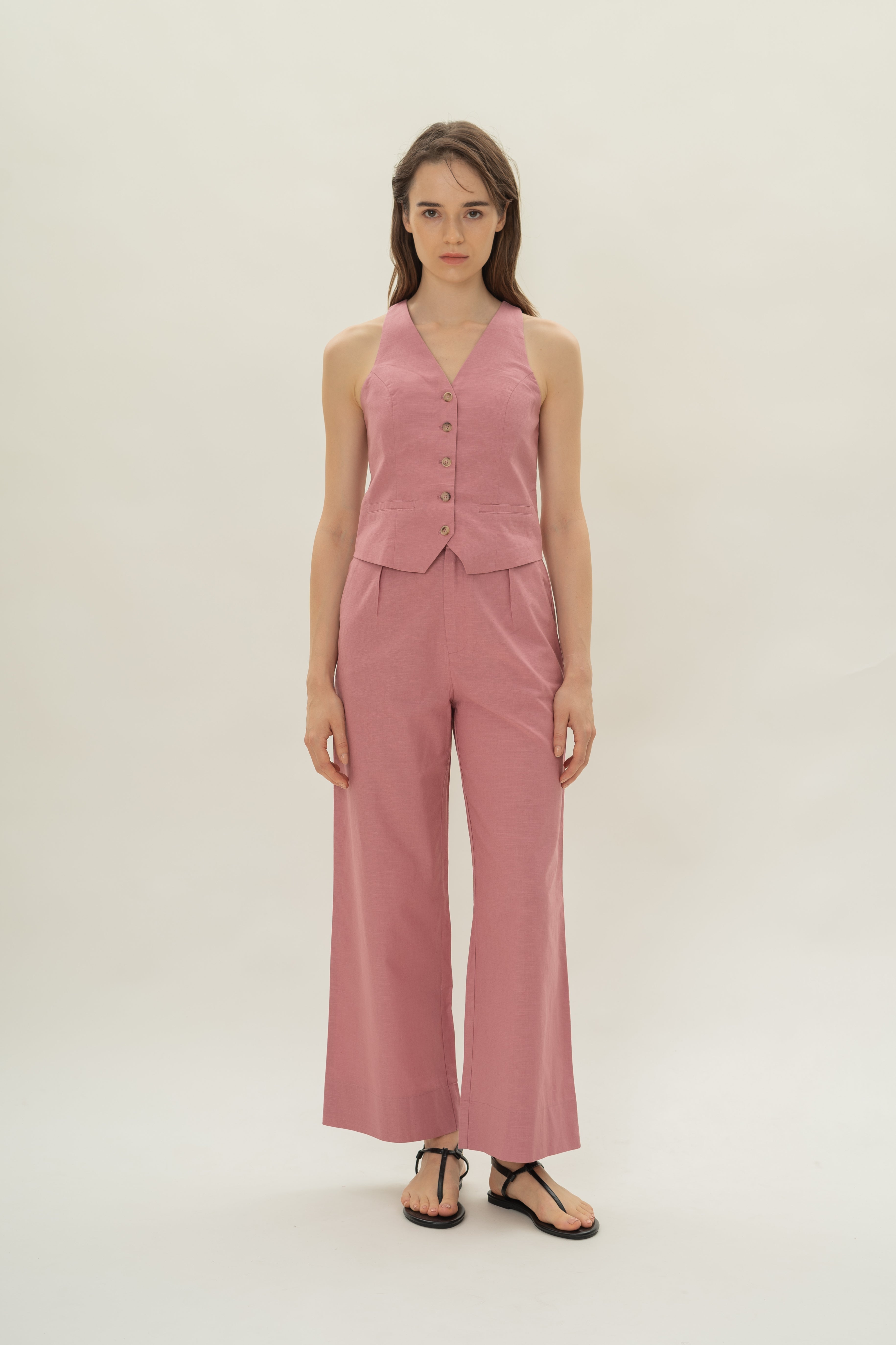 Linen Halter Padded Waistcoat in Hibiscus