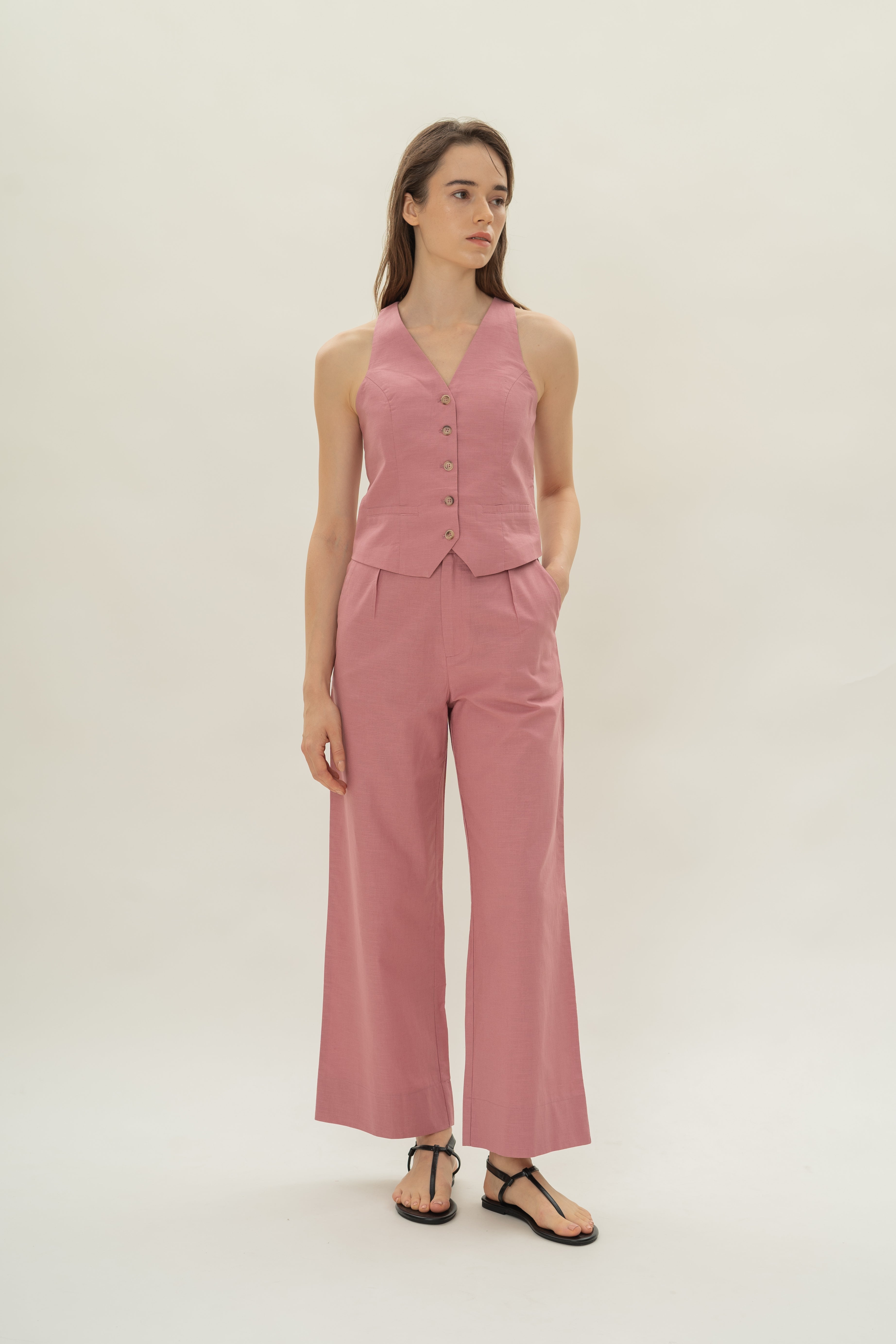 Linen Halter Padded Waistcoat in Hibiscus