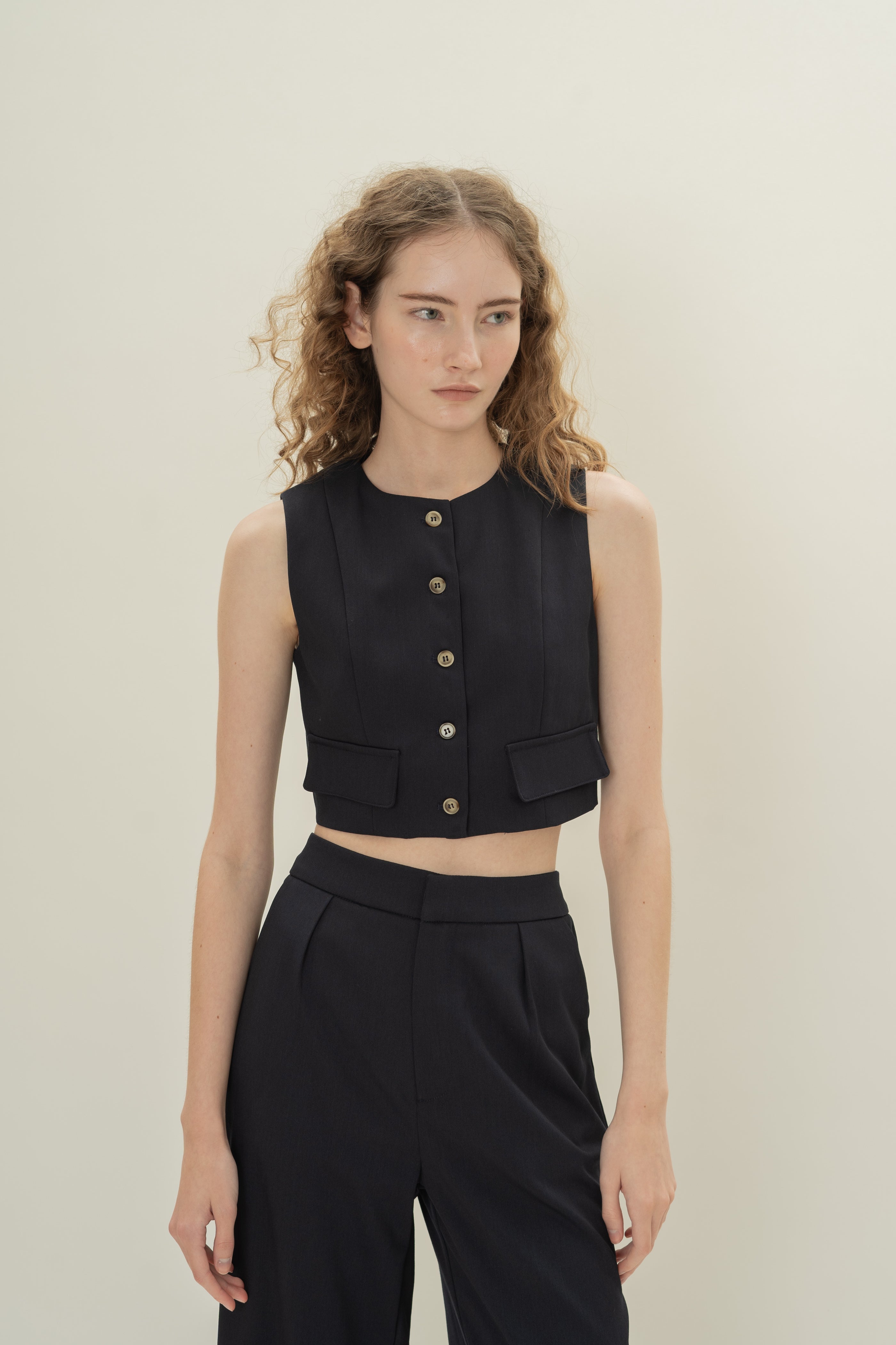 Collarless Sleeveless Top in Midnight
