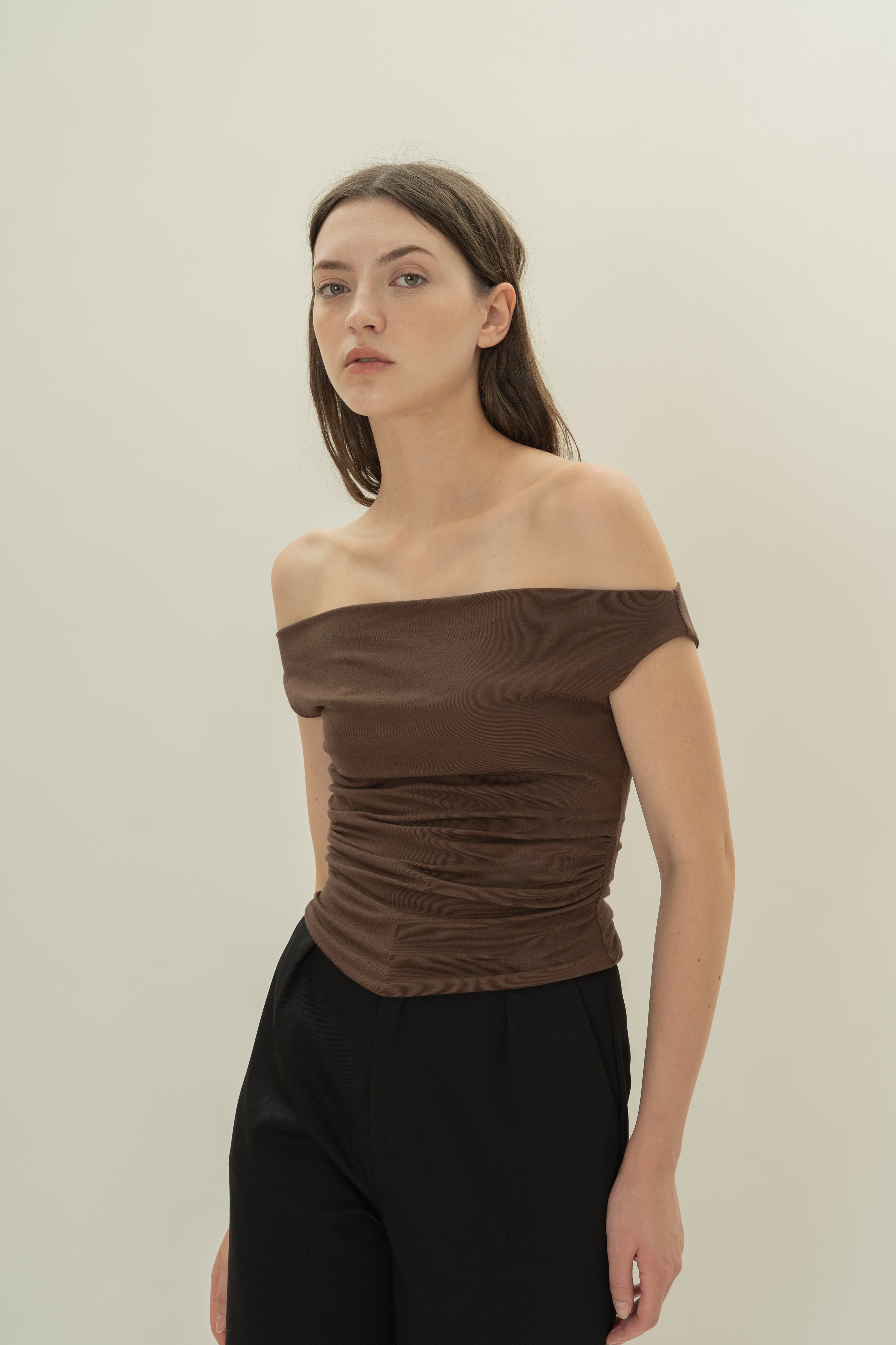 Off Shoulder Ruched Waist Top in Umber