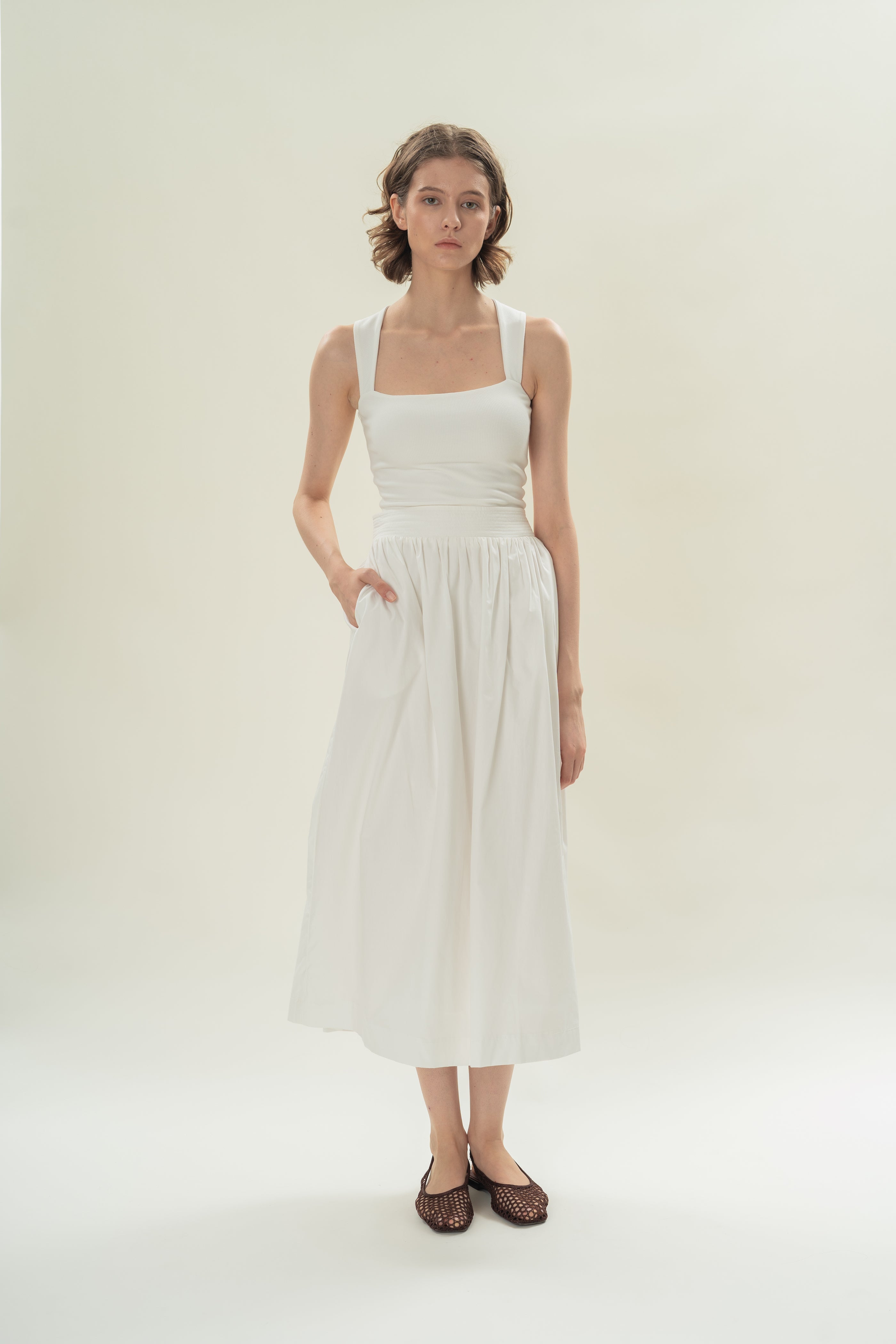 Straight Neck Ribbed Tank in White