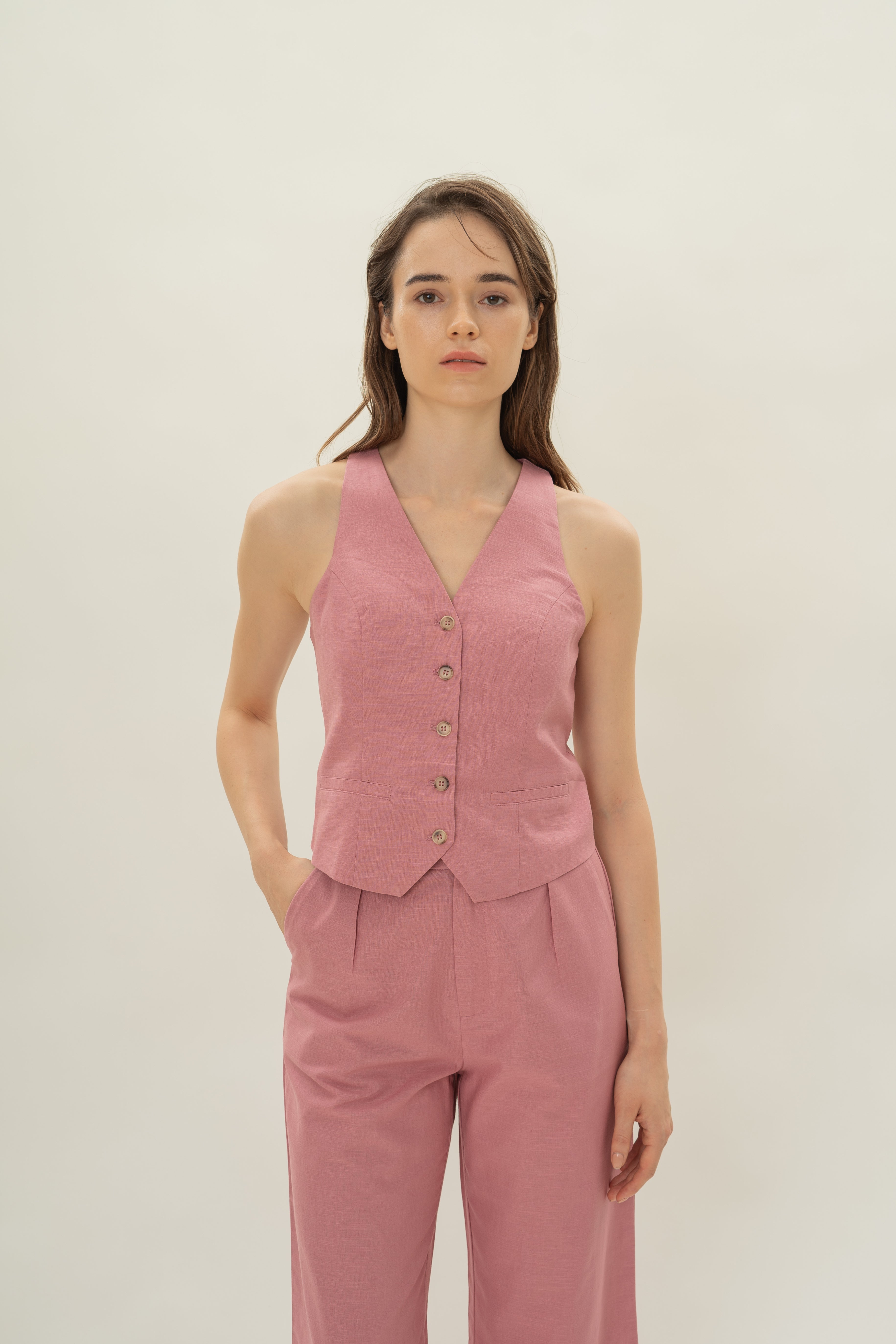 Linen Halter Padded Waistcoat in Hibiscus