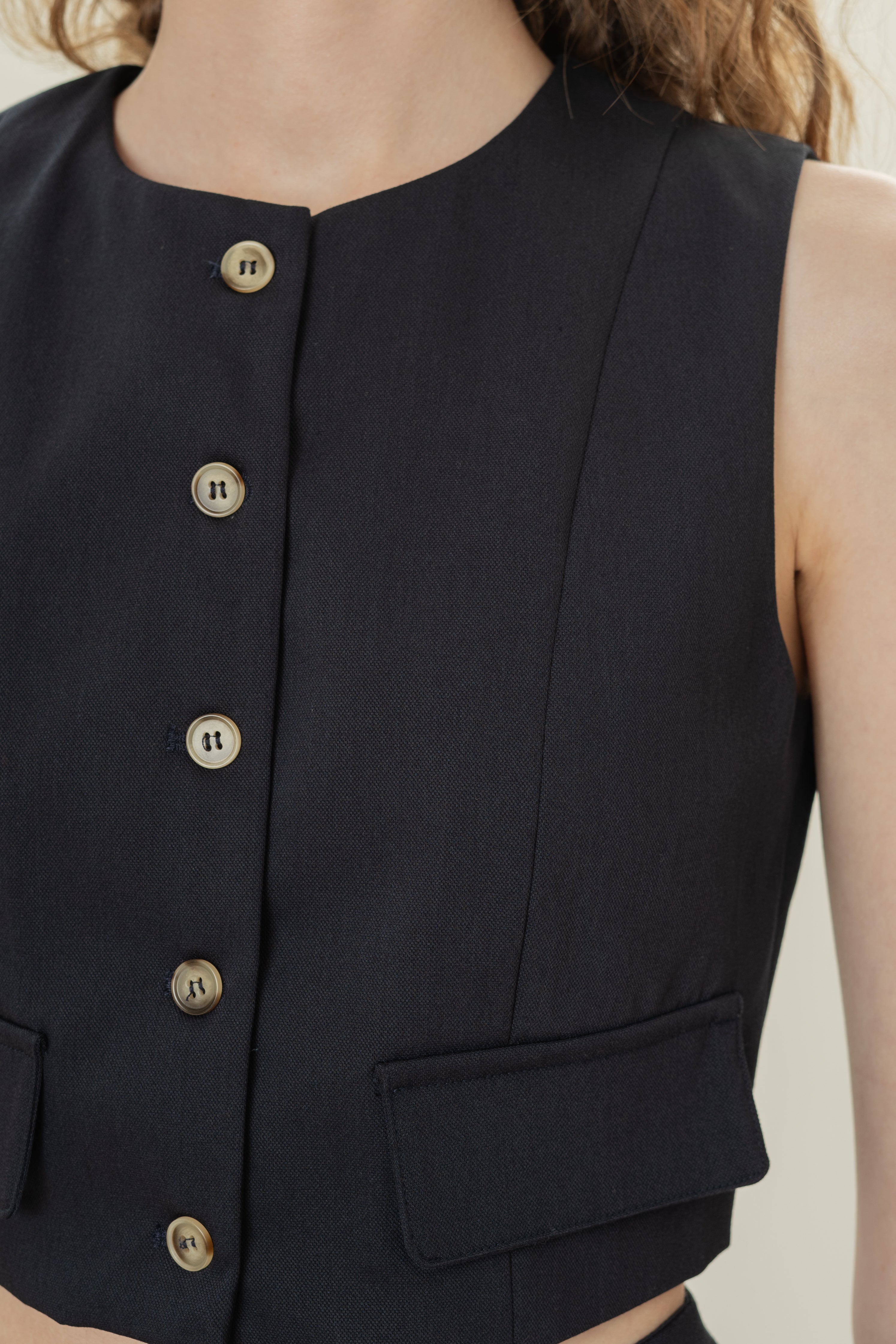 Collarless Sleeveless Top in Midnight
