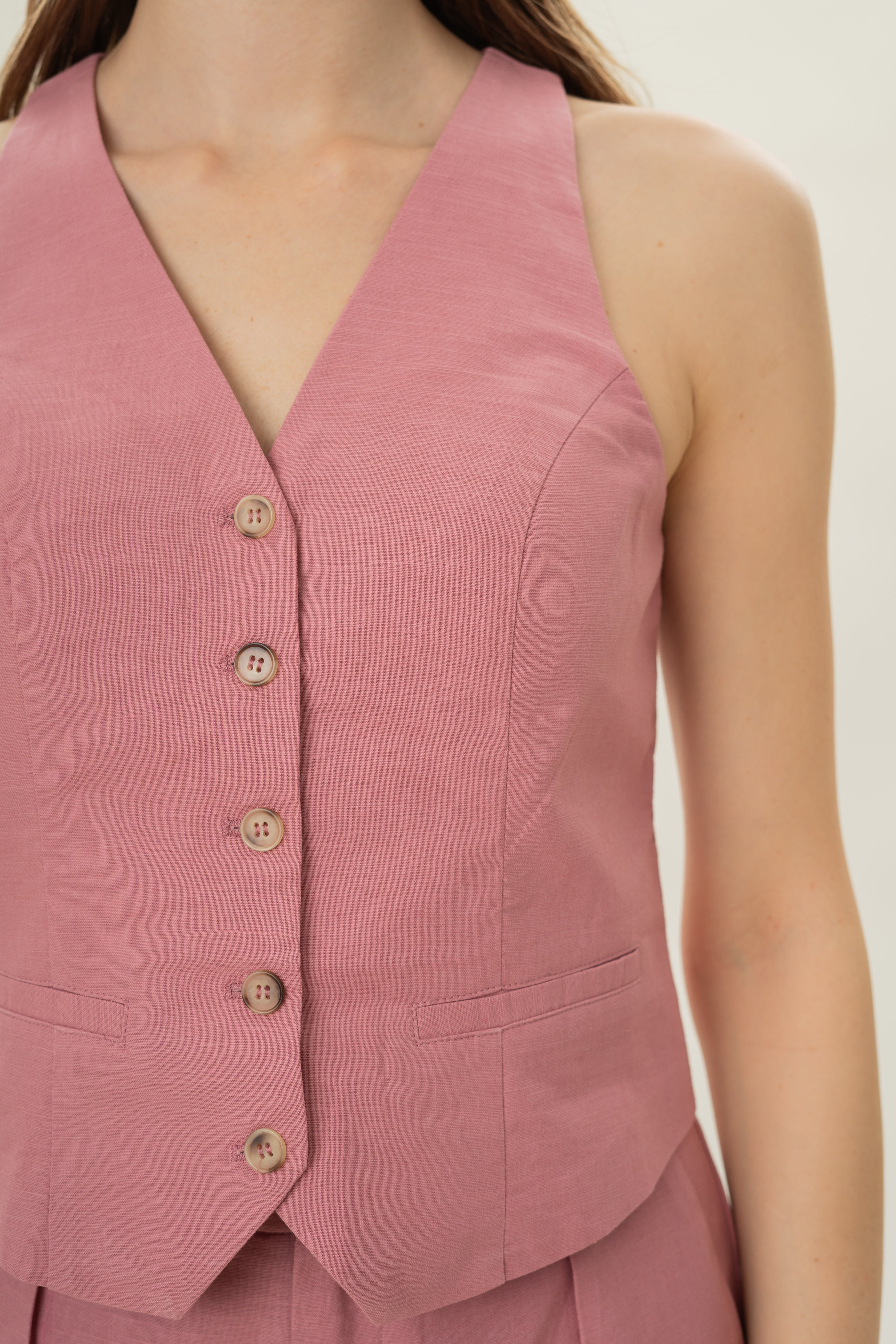 Linen Halter Padded Waistcoat in Hibiscus